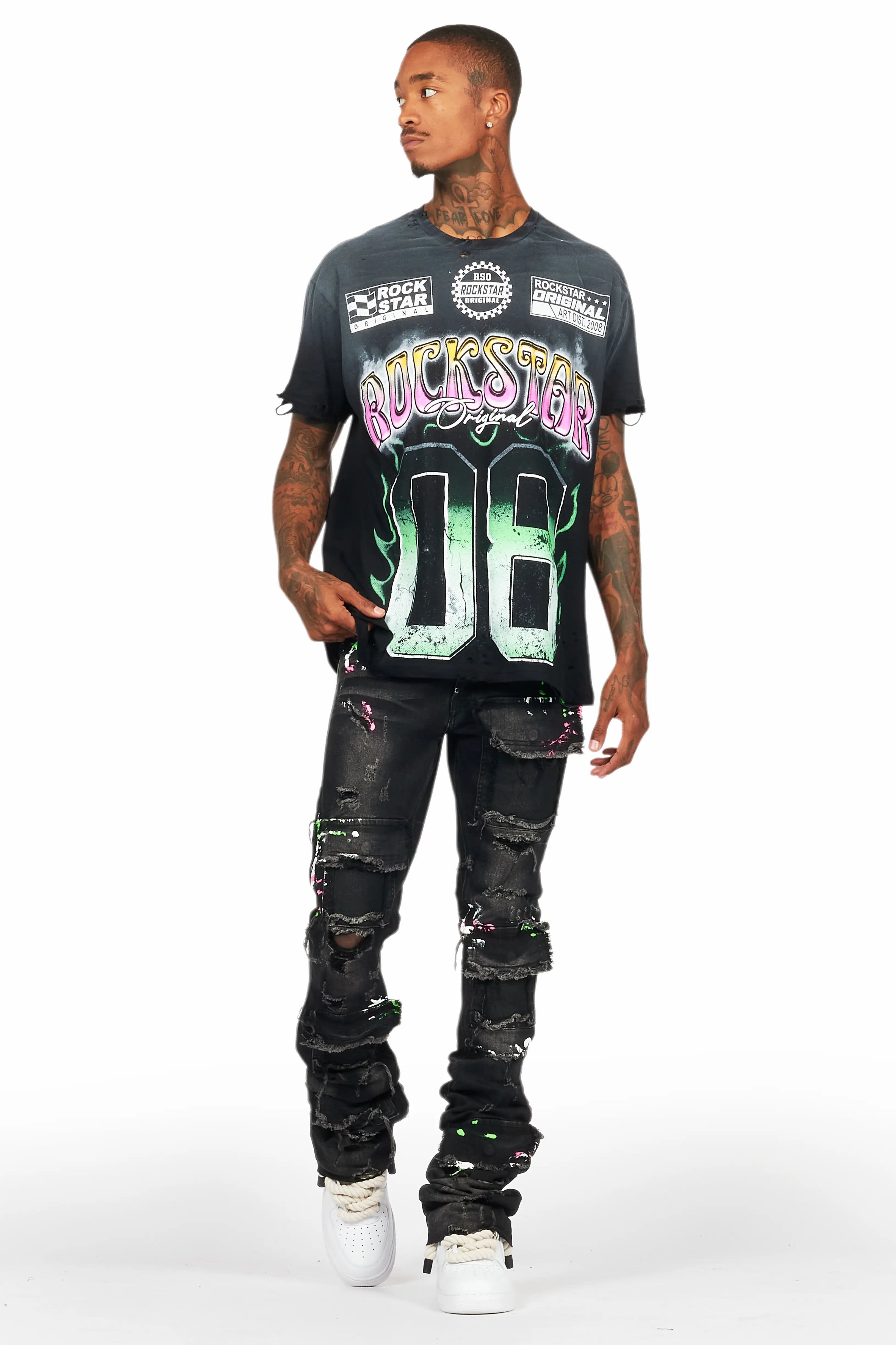 Quito Black Oversized T-Shirt/Super Stacked Flare Jean Bundle