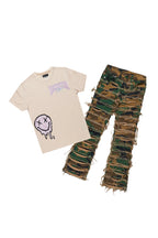 Girls Emma Beige/Camo T-Shirt/Stacked Flare Jean Set