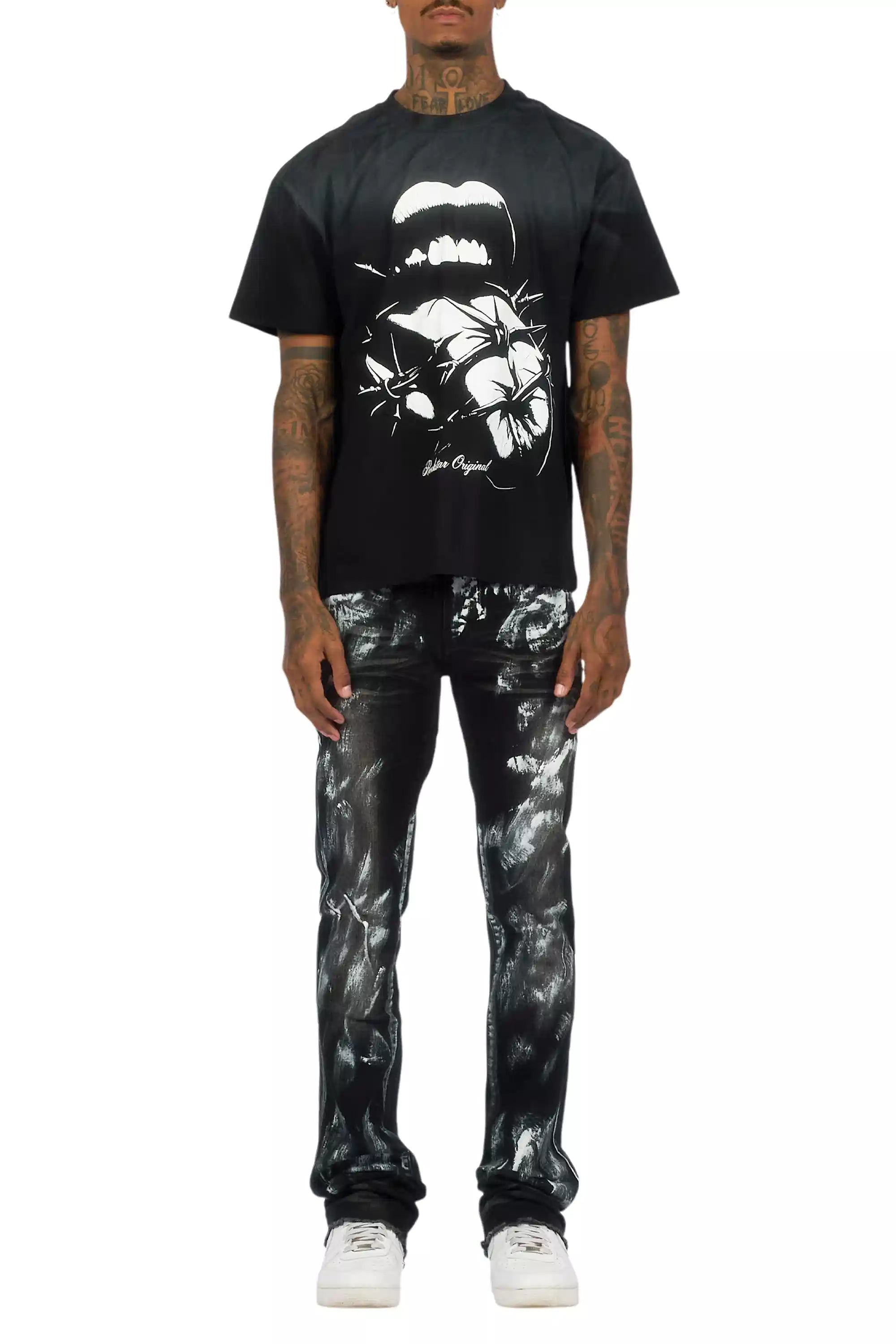 Schmear Black Oversized Graphic T-Shirt/Painted Stacked Flare Jean Bundle