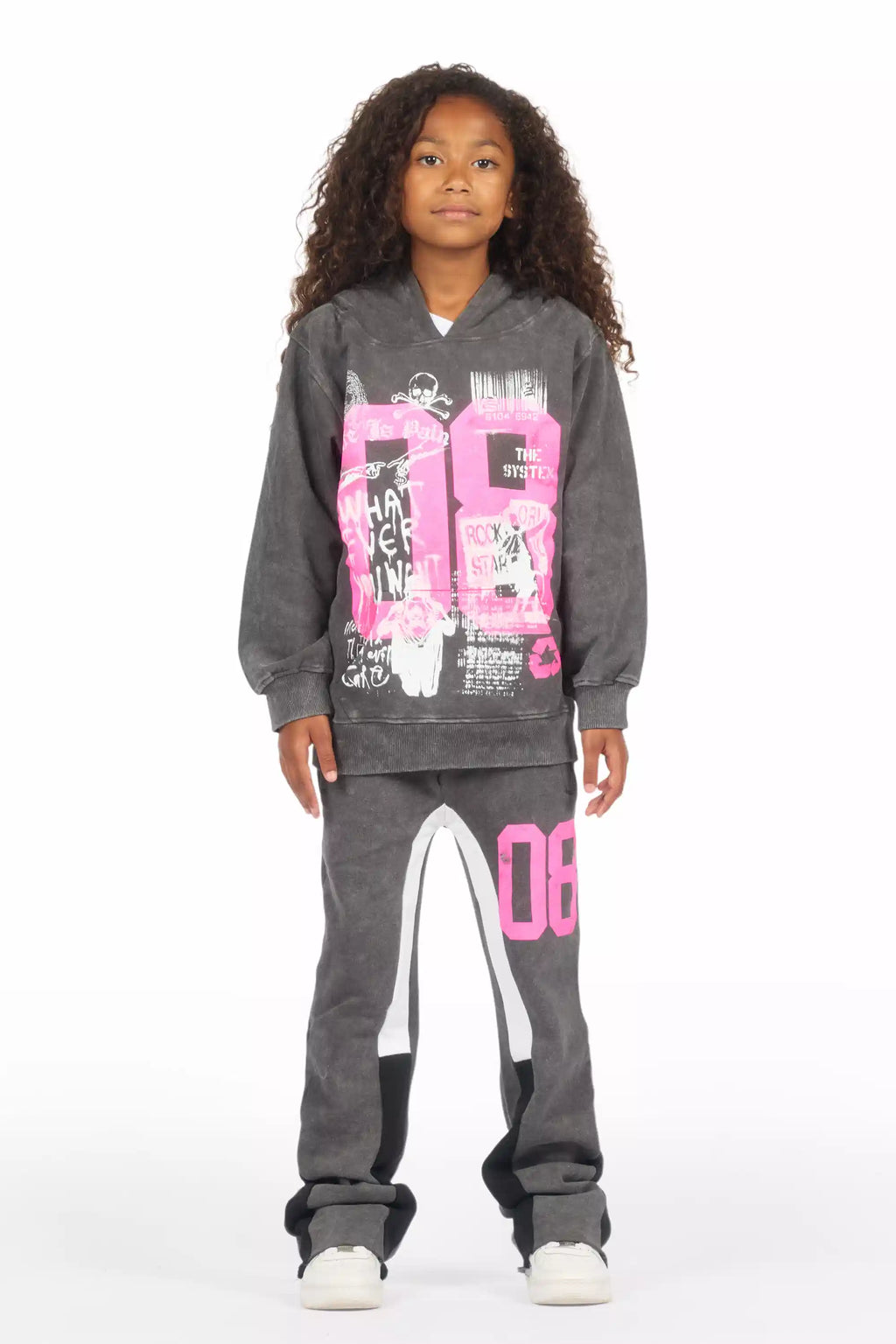 Girls Kammy Vintage Grey/Pink Hoodie Stacked Track Set