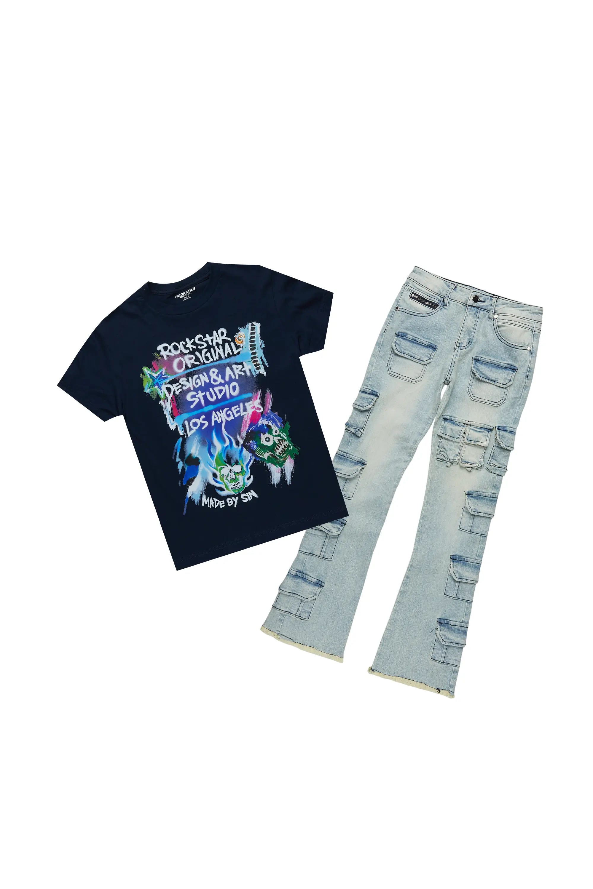 Boys Soweto Navy T-Shirt/Stacked Flare Cargo Jean Set