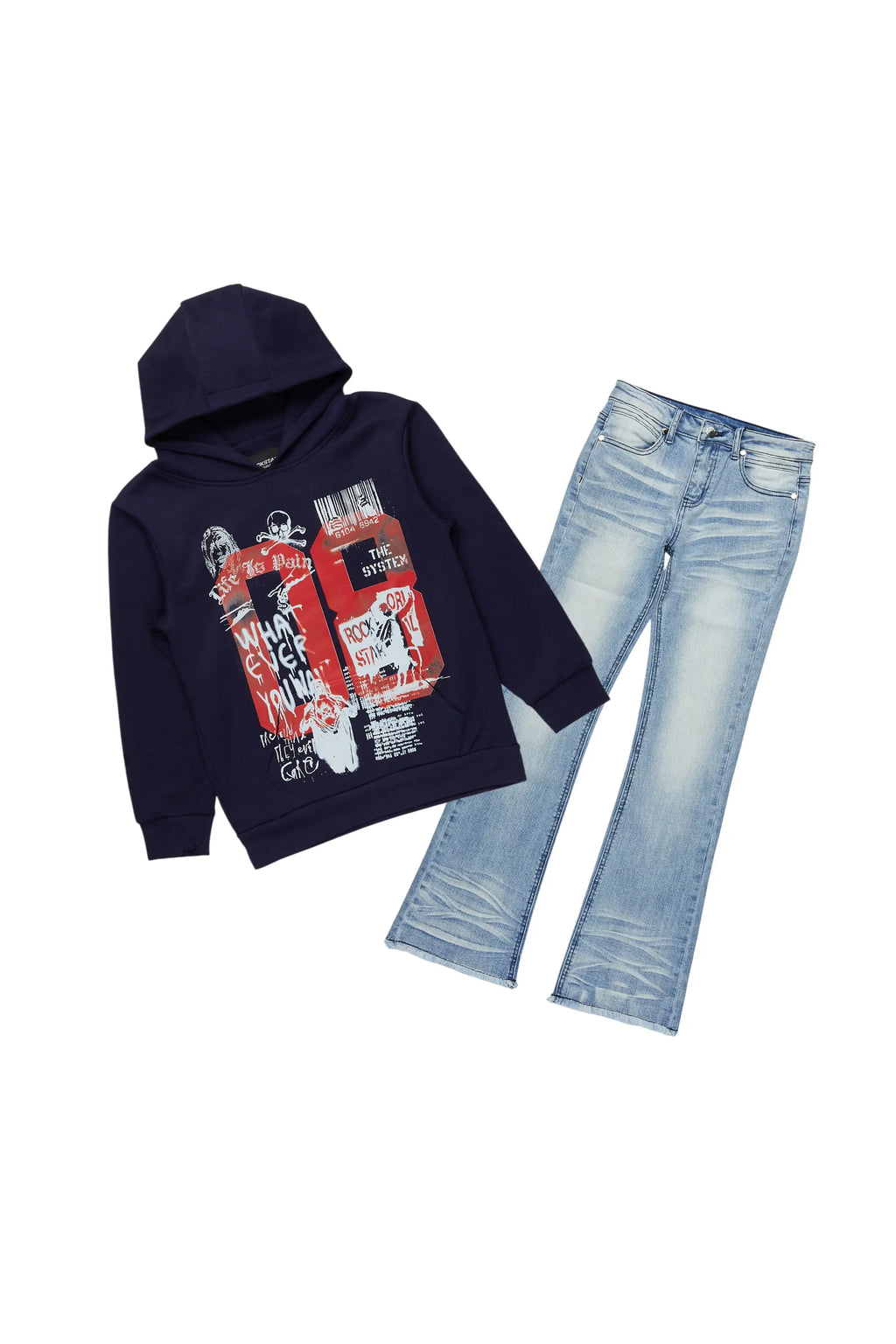Boys Beau Navy/Blue Hoodie/Stacked Flare Jean Set