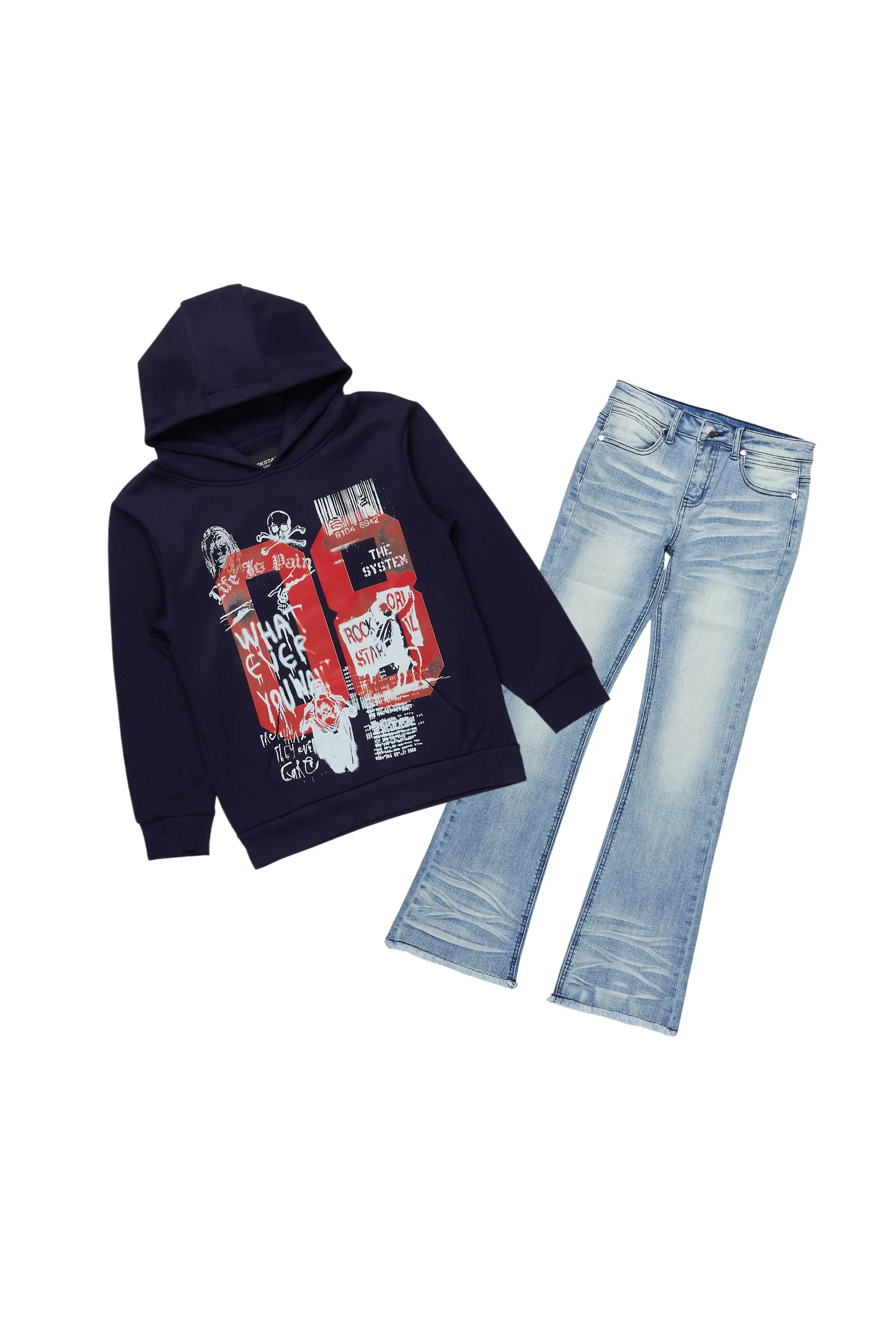 Boys Beau Navy/Blue Hoodie/Stacked Flare Jean Set