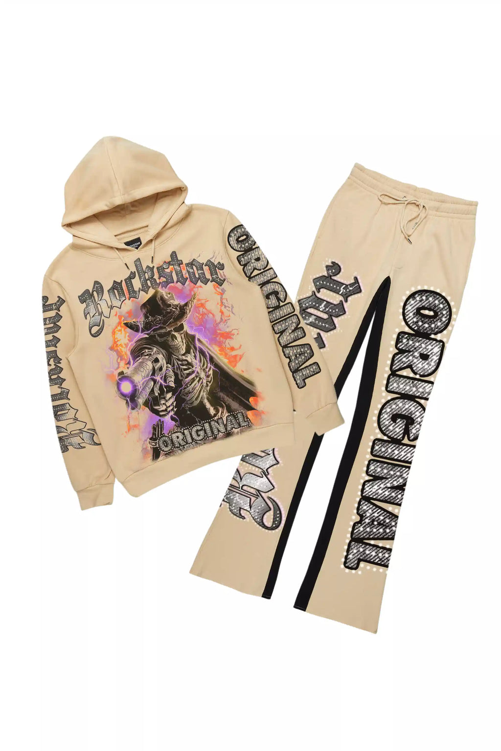 Bixner Beige/Black Hoodie/Baggy Stacked Track Pant Set