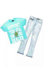 Tarl Blue Oversized T-Shirt/Stacked Flare Jean Set