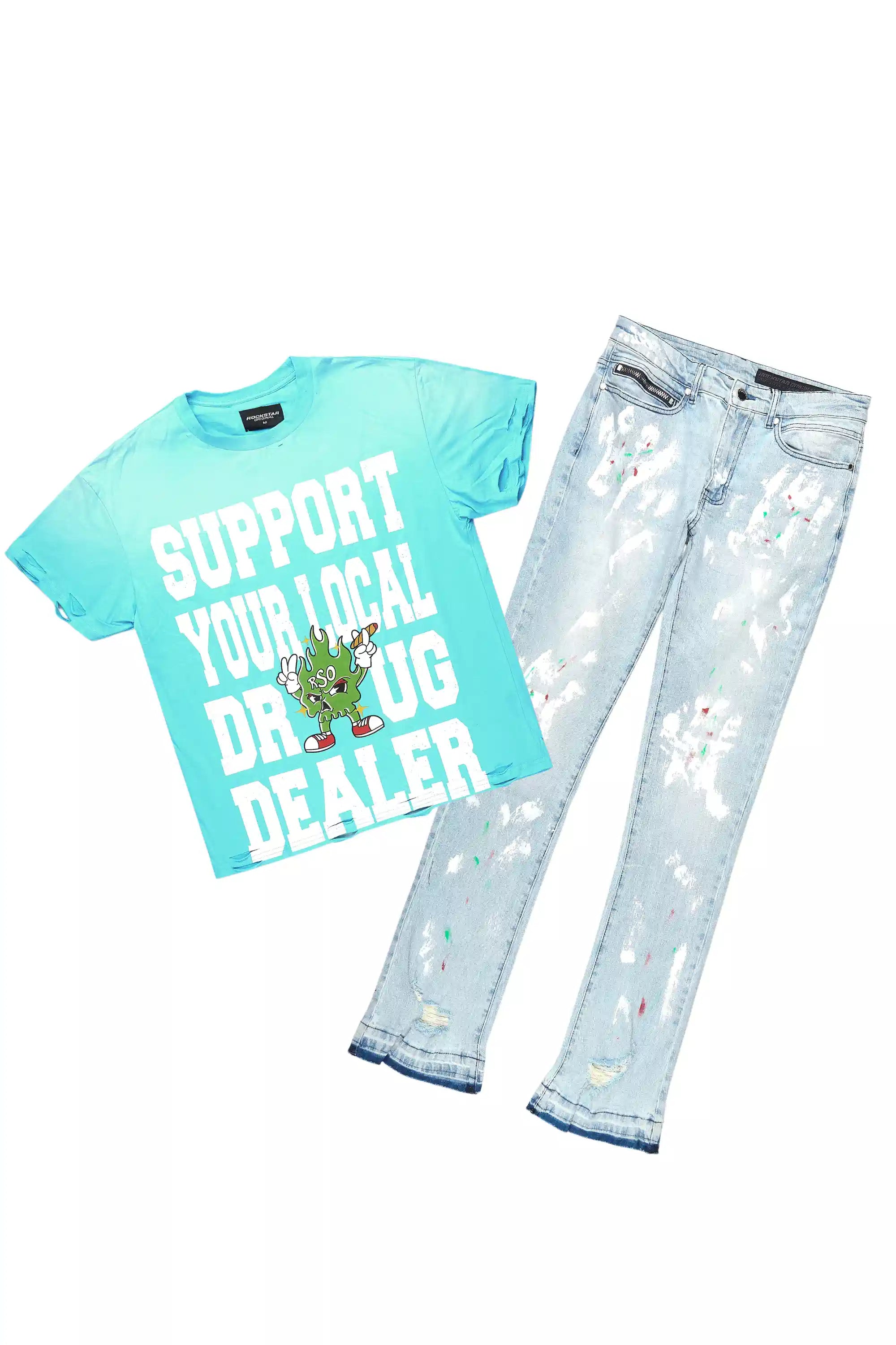 Tarl Blue Oversized T-Shirt/Stacked Flare Jean Set