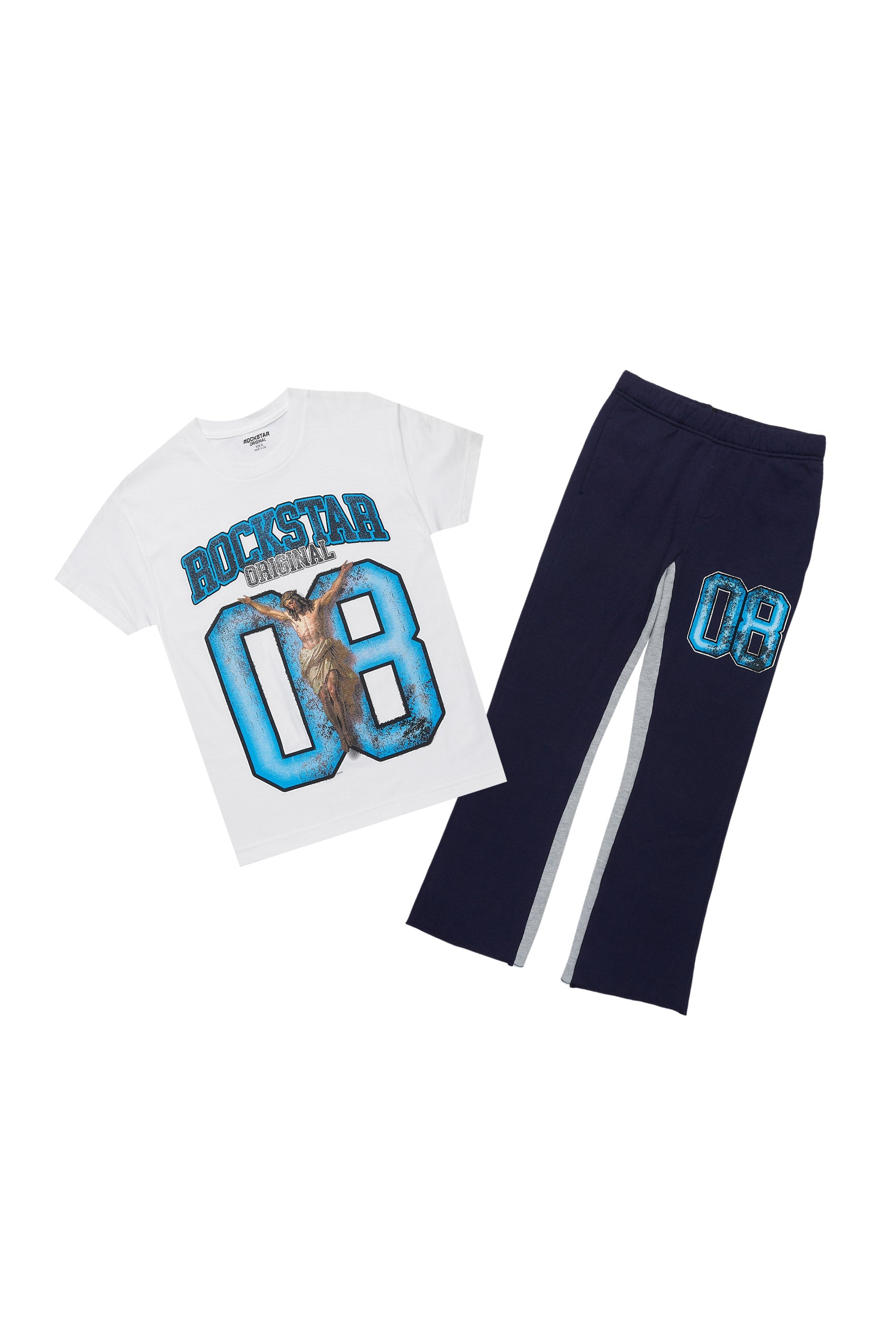 Boys Fields White/Navy T-Shirt/Baggy Stacked Track Set