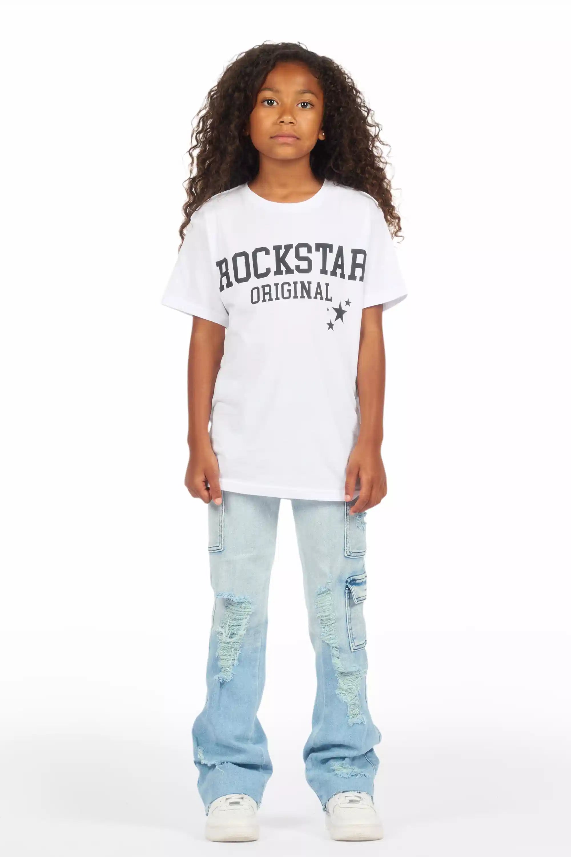 Girls Vixen Light Wash Distressed Stacked Jean