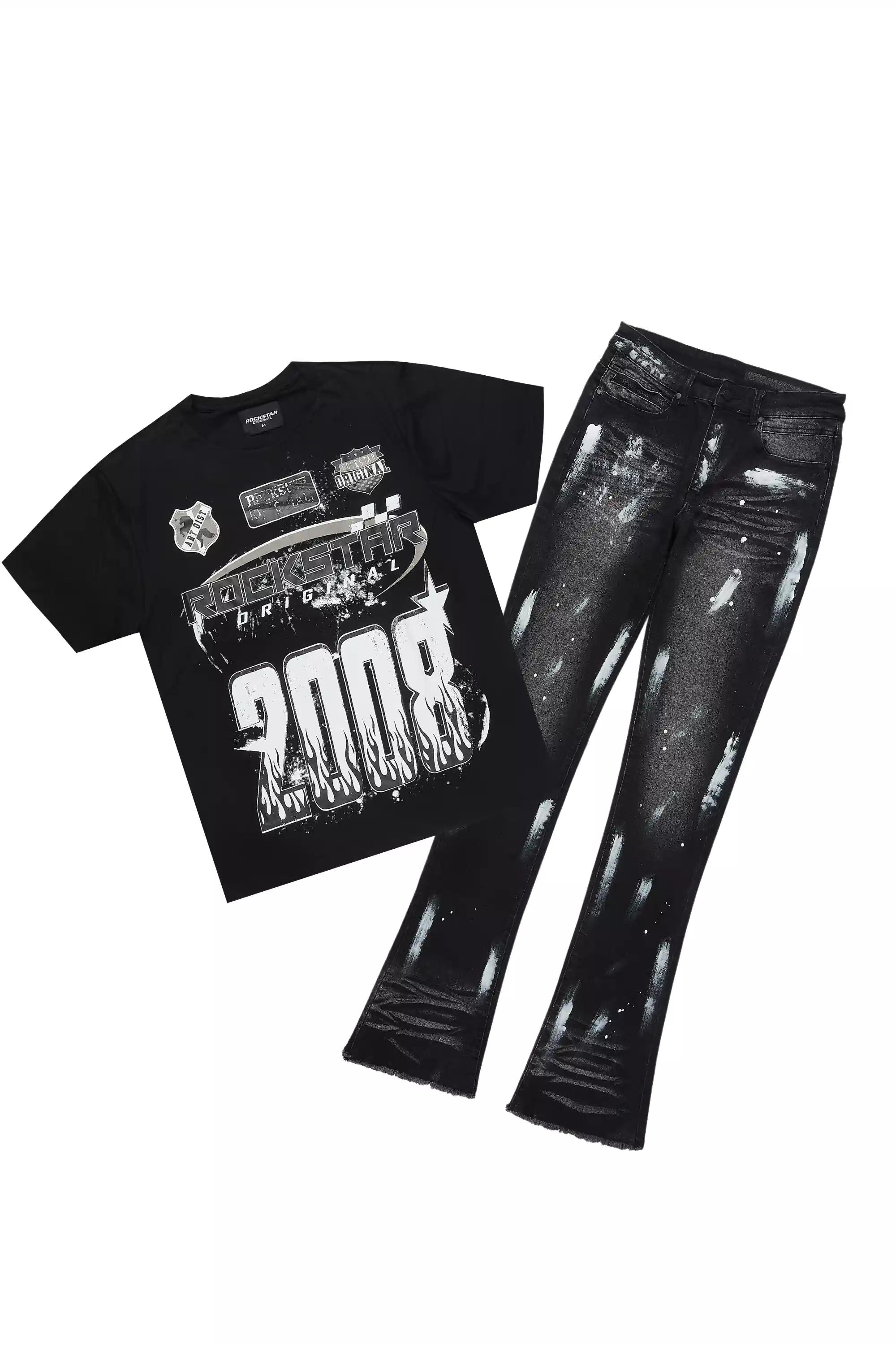Amos Black T-Shirt/Painted Stacked Flare Jean
