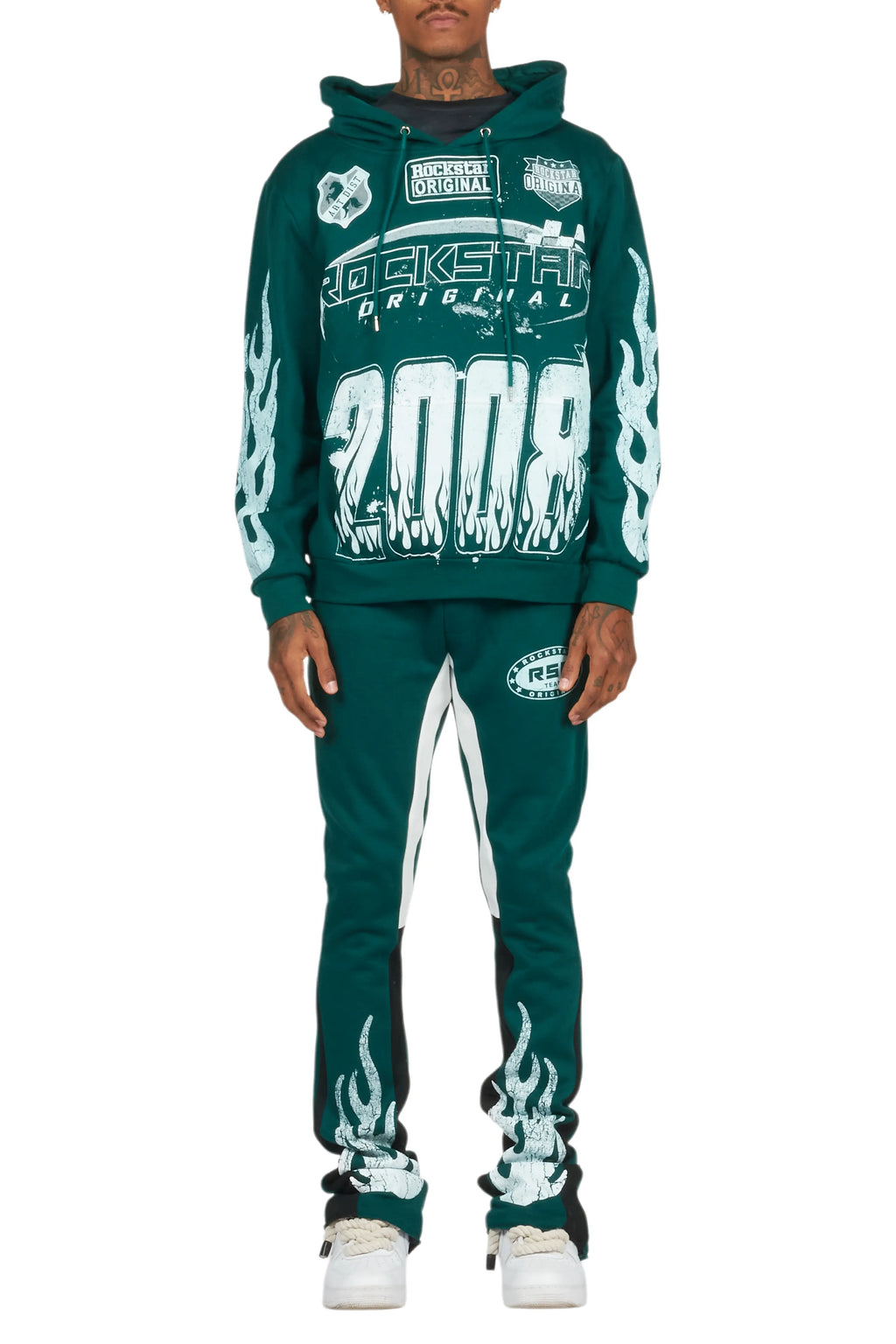 Amos Dark Green Stacked Flare Hoodie Track Set