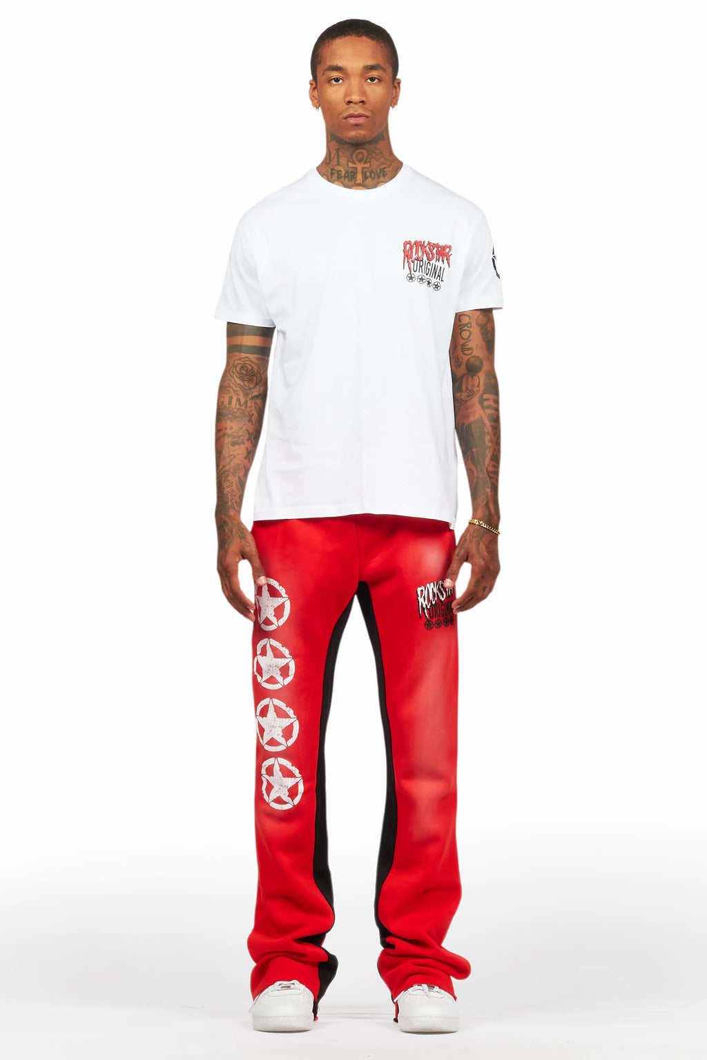 Wizzurd White/Red T-Shirt/Stacked Baggy Track Pant Set
