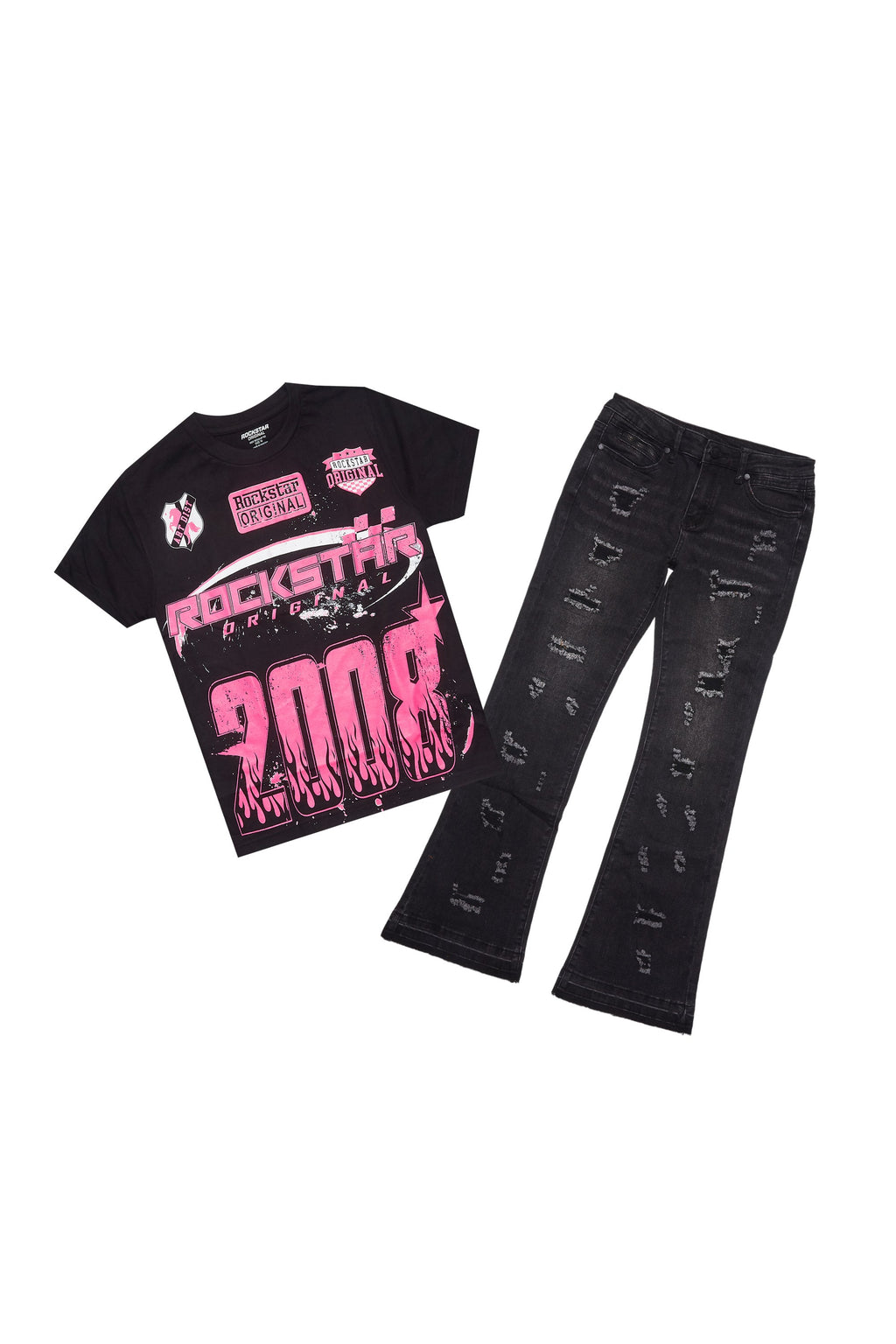 Girls Amos Black/Pink T-Shirt/Stacked Flare Jean Set