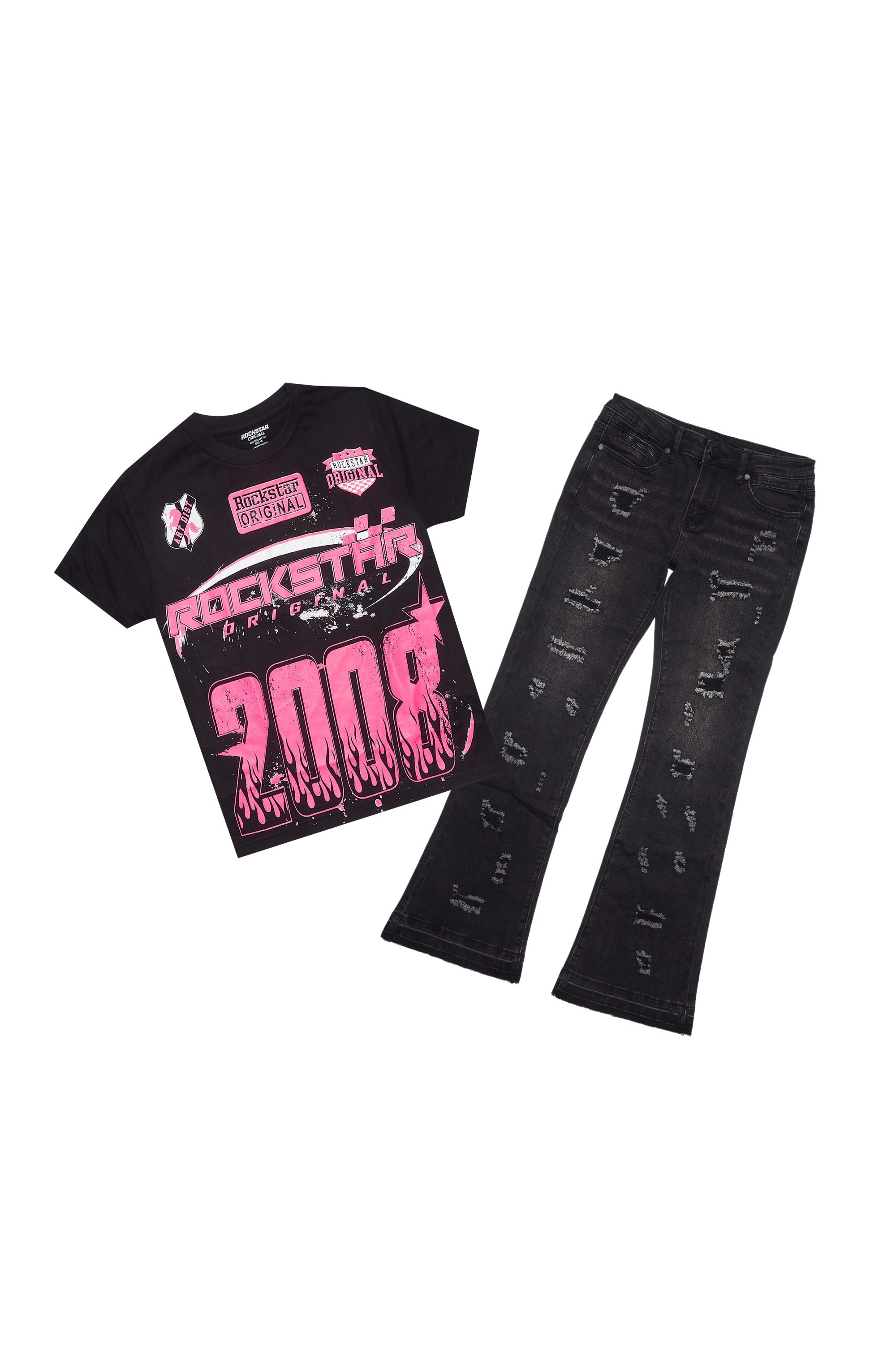 Girls Amos Black/Pink T-Shirt/Stacked Flare Jean Set