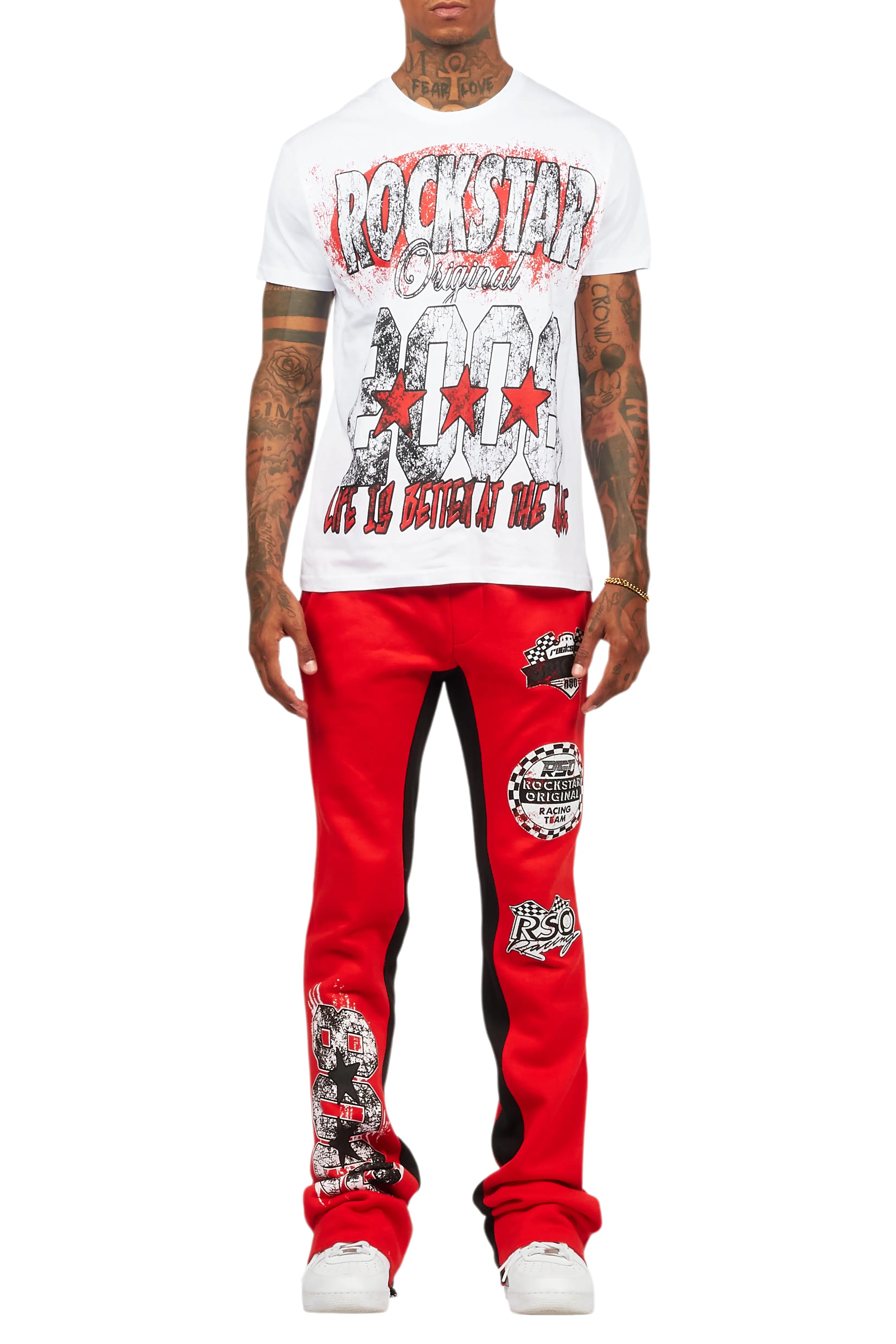 Racing Grung White/Red T-Shirt/Stacked Baggy Track Pant Set