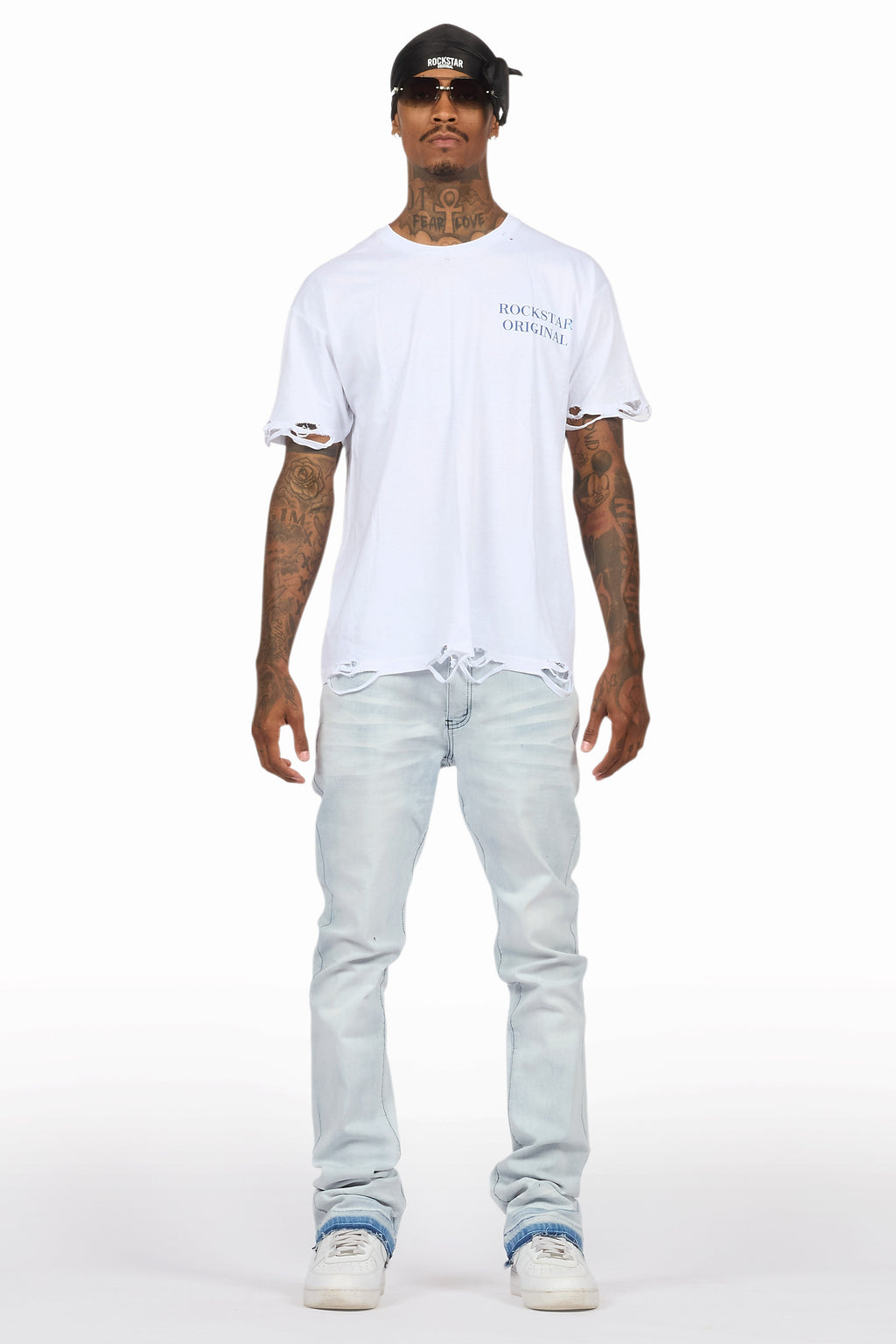 Drako White/Blue Oversized Graphic T-Shirt/Dag Stacked Flare Jean Set