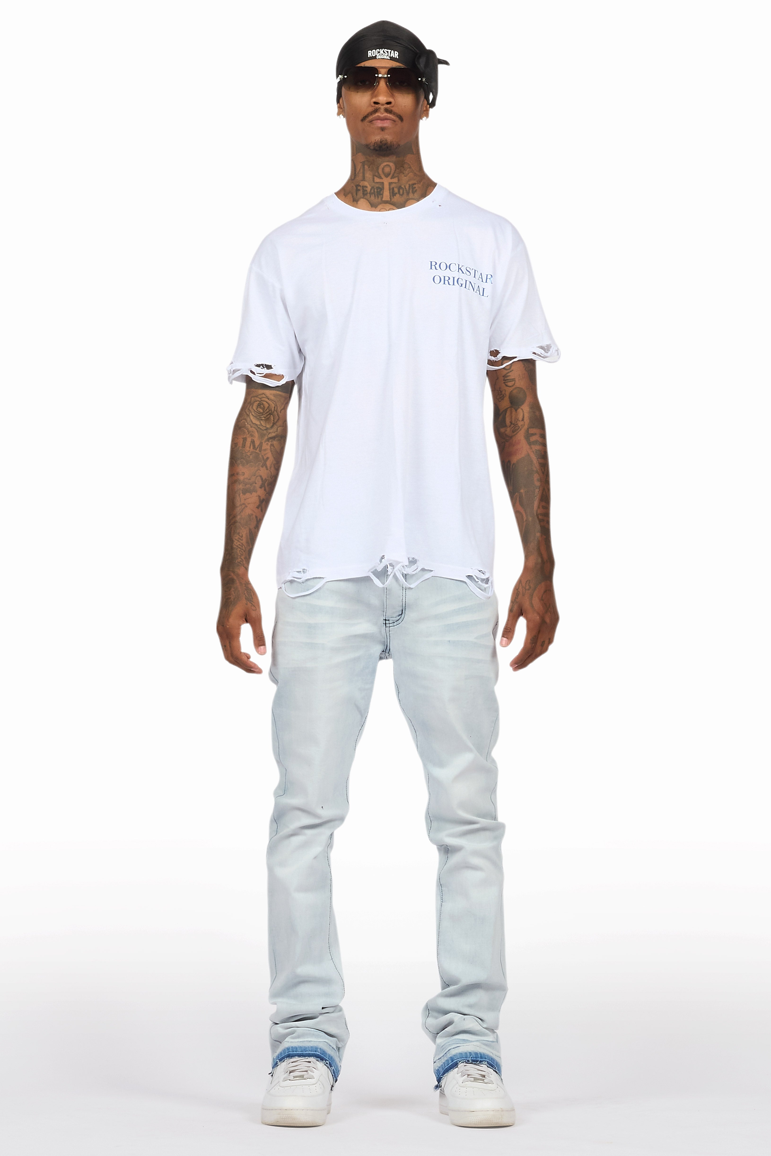 Drako White/Blue Oversized Graphic T-Shirt/Dag Stacked Flare Jean Set