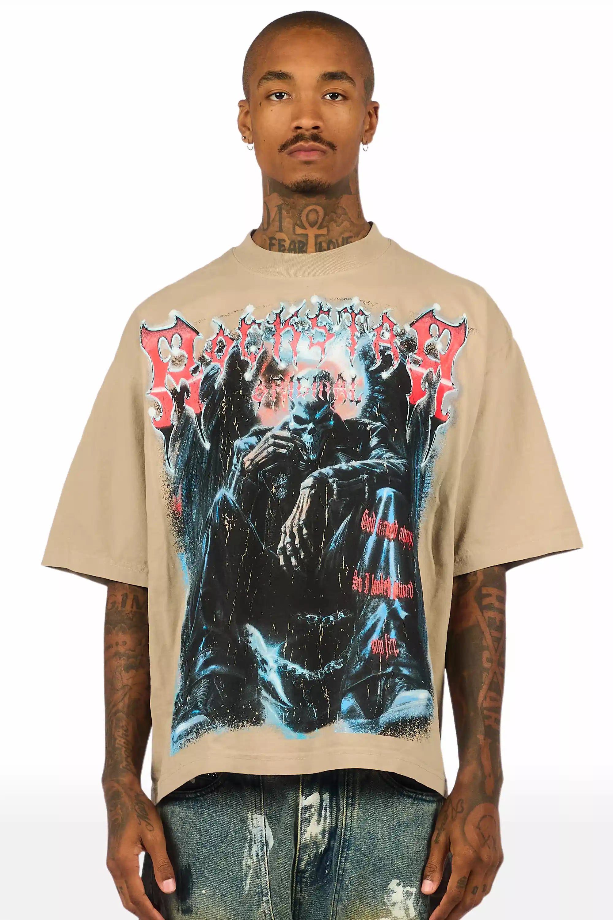 Krowne Beige/Black Oversized Graphic T-Shirt