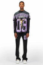 Fields Black/Purple Double Layer T-Shirt/Stacked Baggy Track Pant Set