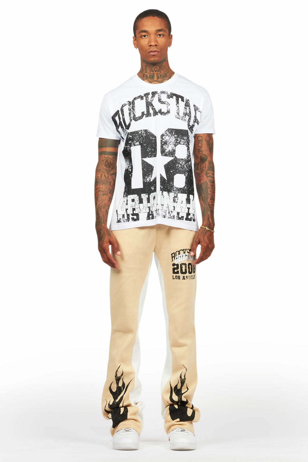 Edel White/Beige T-Shirt/Stacked Baggy Track Pant Set