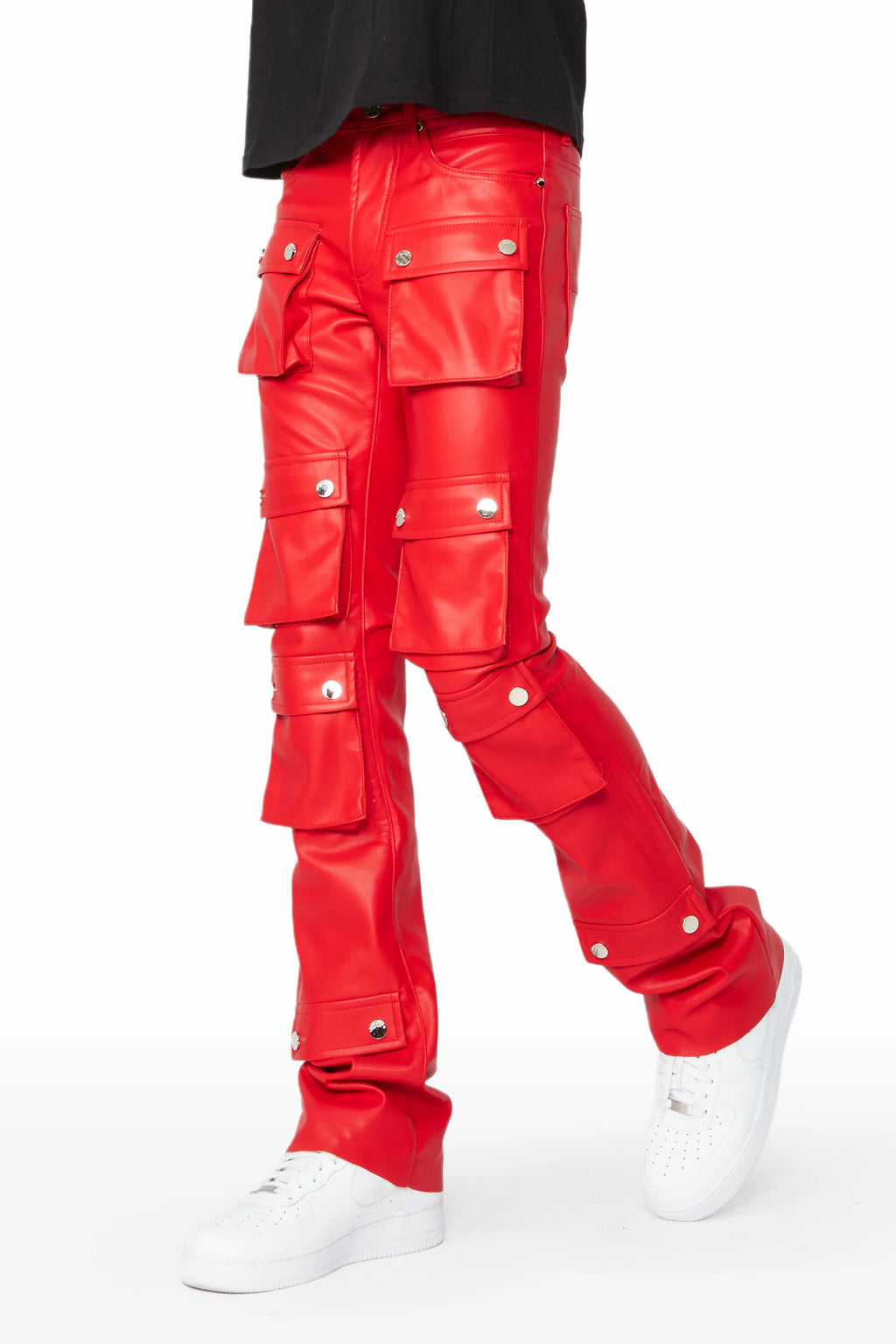 Remi Red Faux Leather Stacked Flare Jean