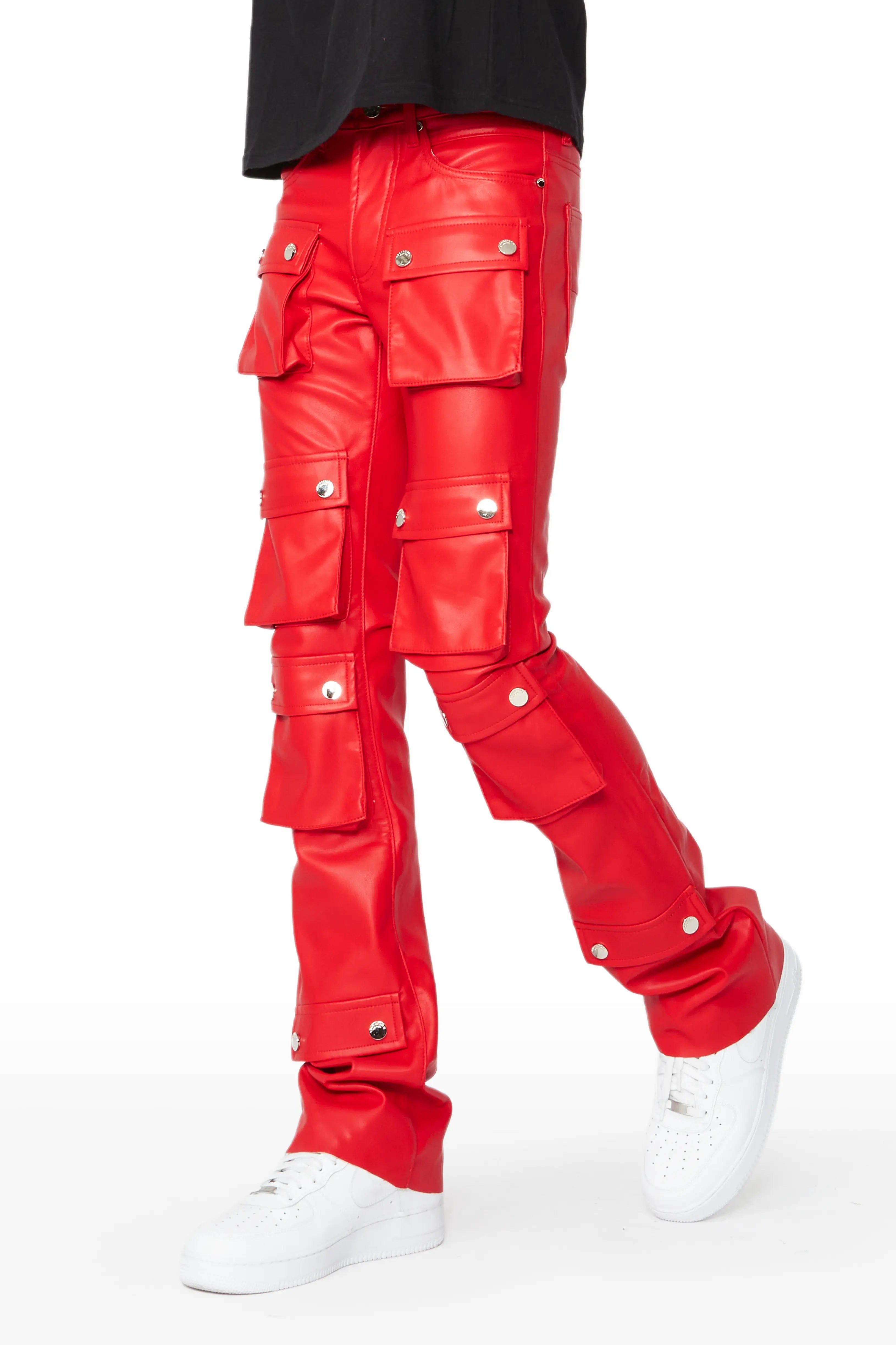 Remi Red Faux Leather Stacked Flare Jean