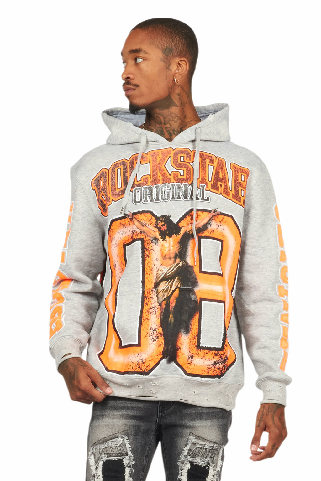 Fields Grey/Orange Distressed Graphic Hoodie