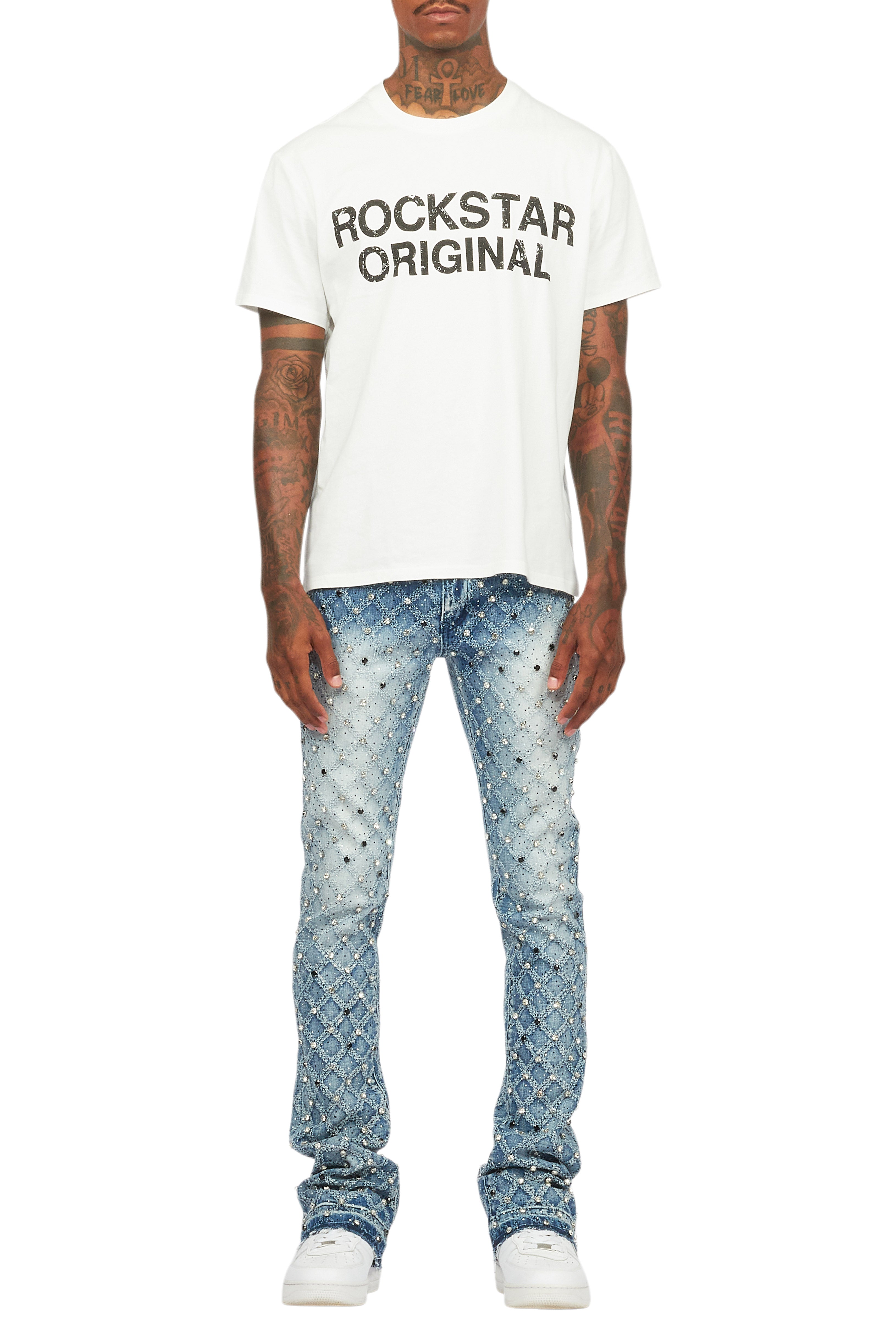 Glit Dark Blue Rhinestone Stacked Flare Jean