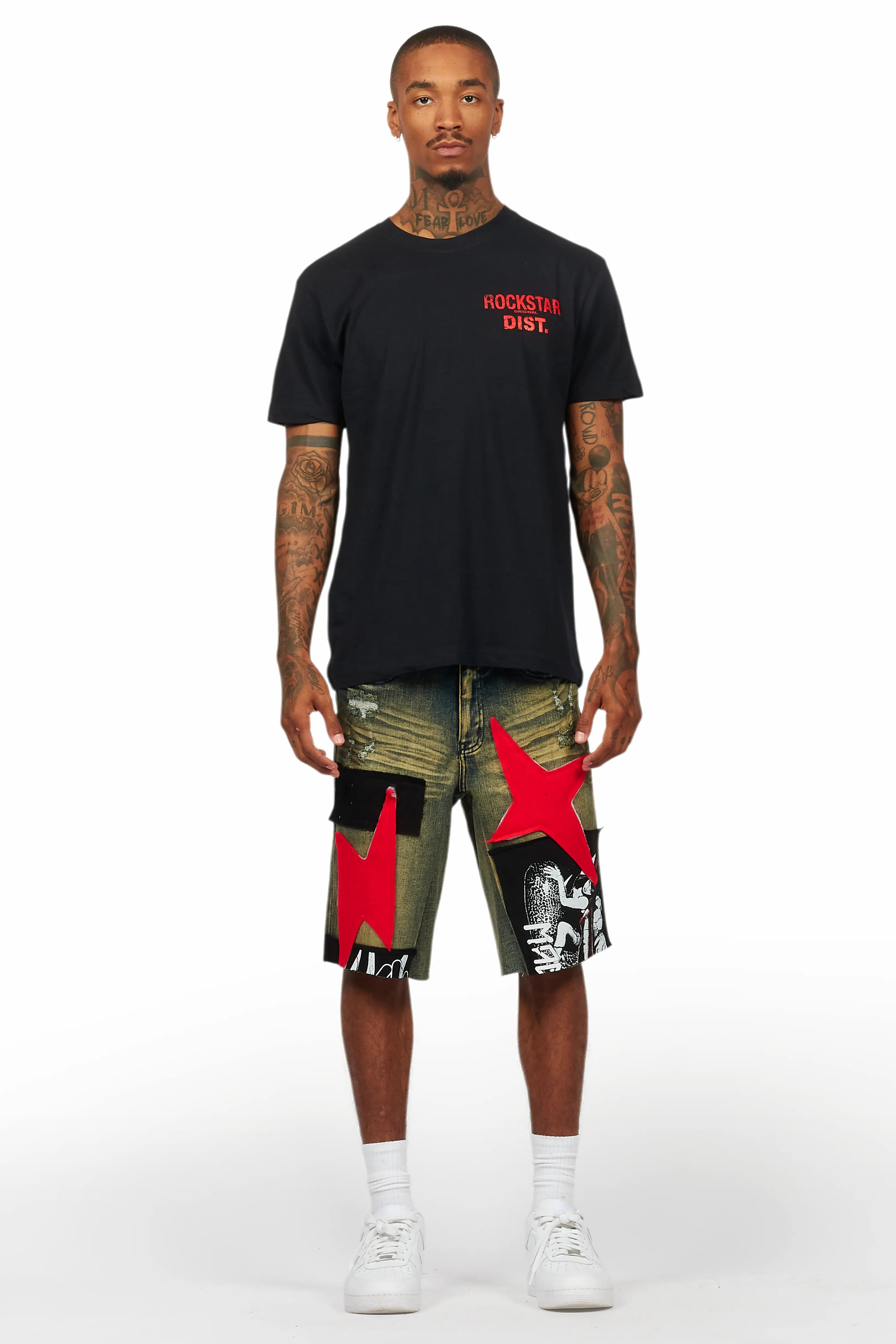Akos Black/Red Tint T-Shirt/Denim Short Set