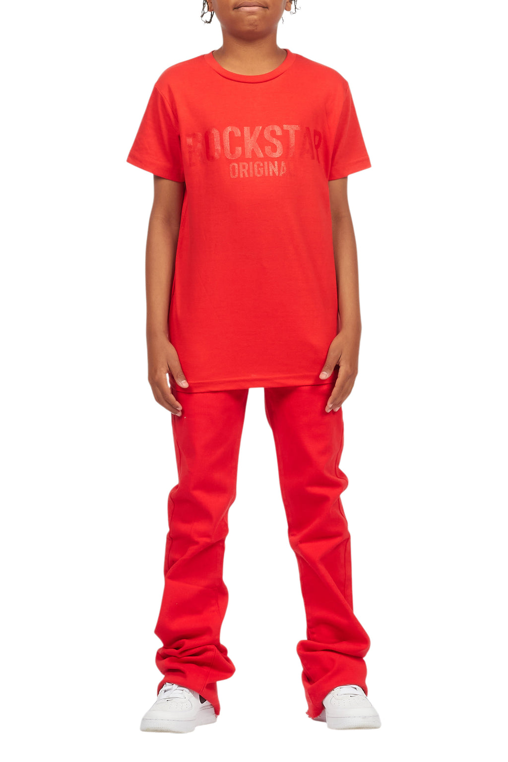 Boys Sana Red T-Shirt/Dag Stacked Flare Jean Set