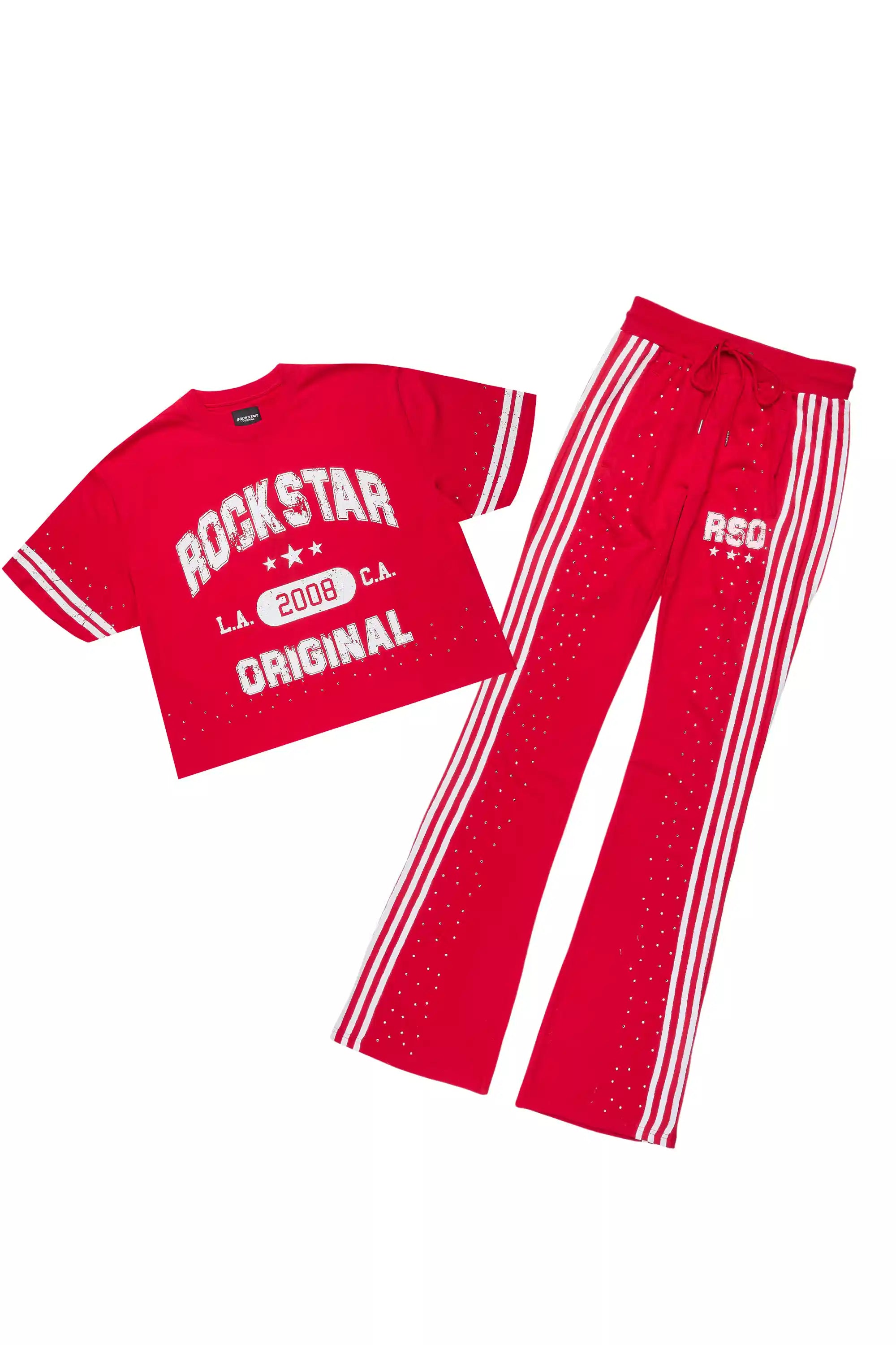 Tylla Red Rhinestone T-Shirt/Baggy Stacked Track Set