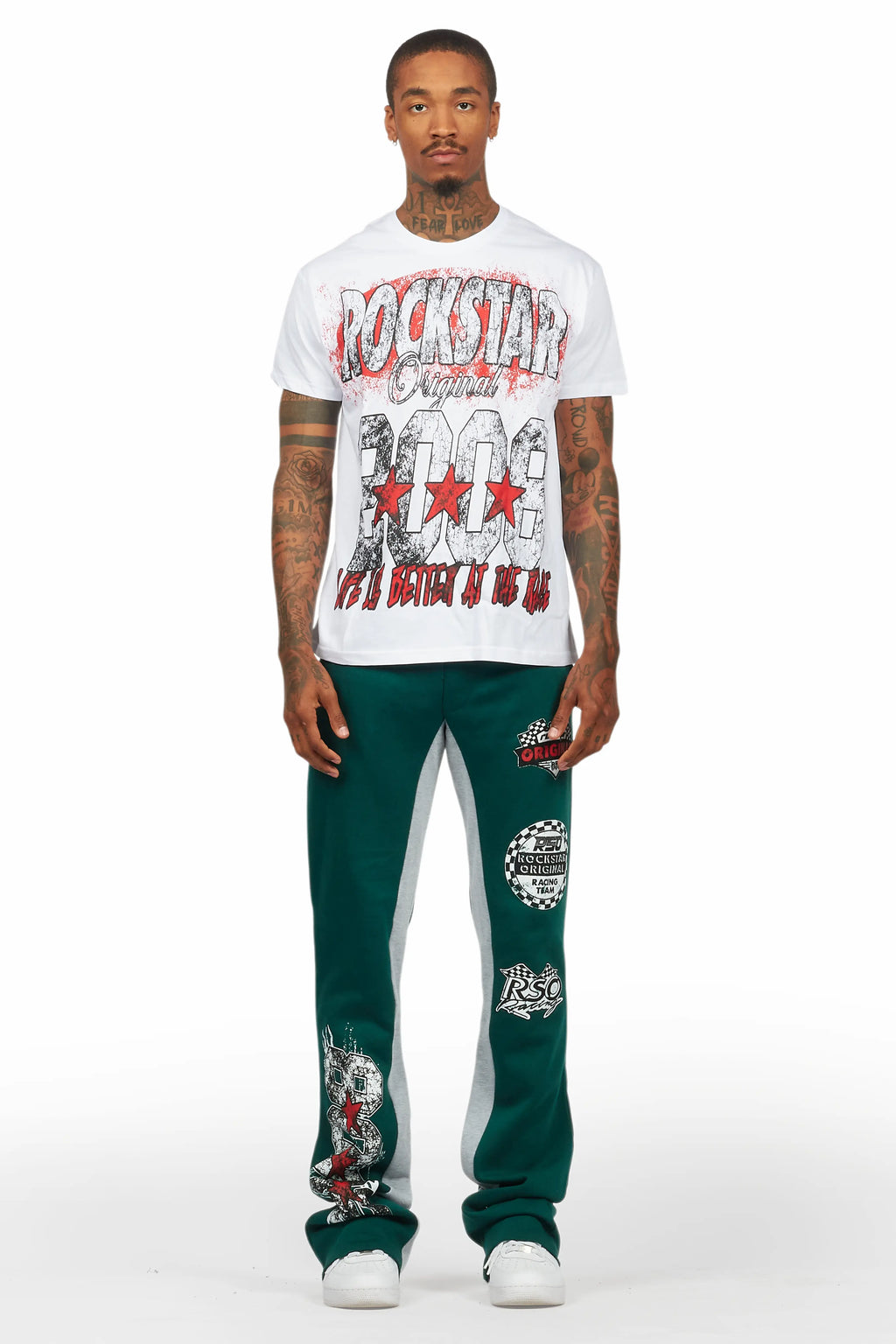 Racing Grung White/Green T-Shirt/Stacked Baggy Track Pant Set