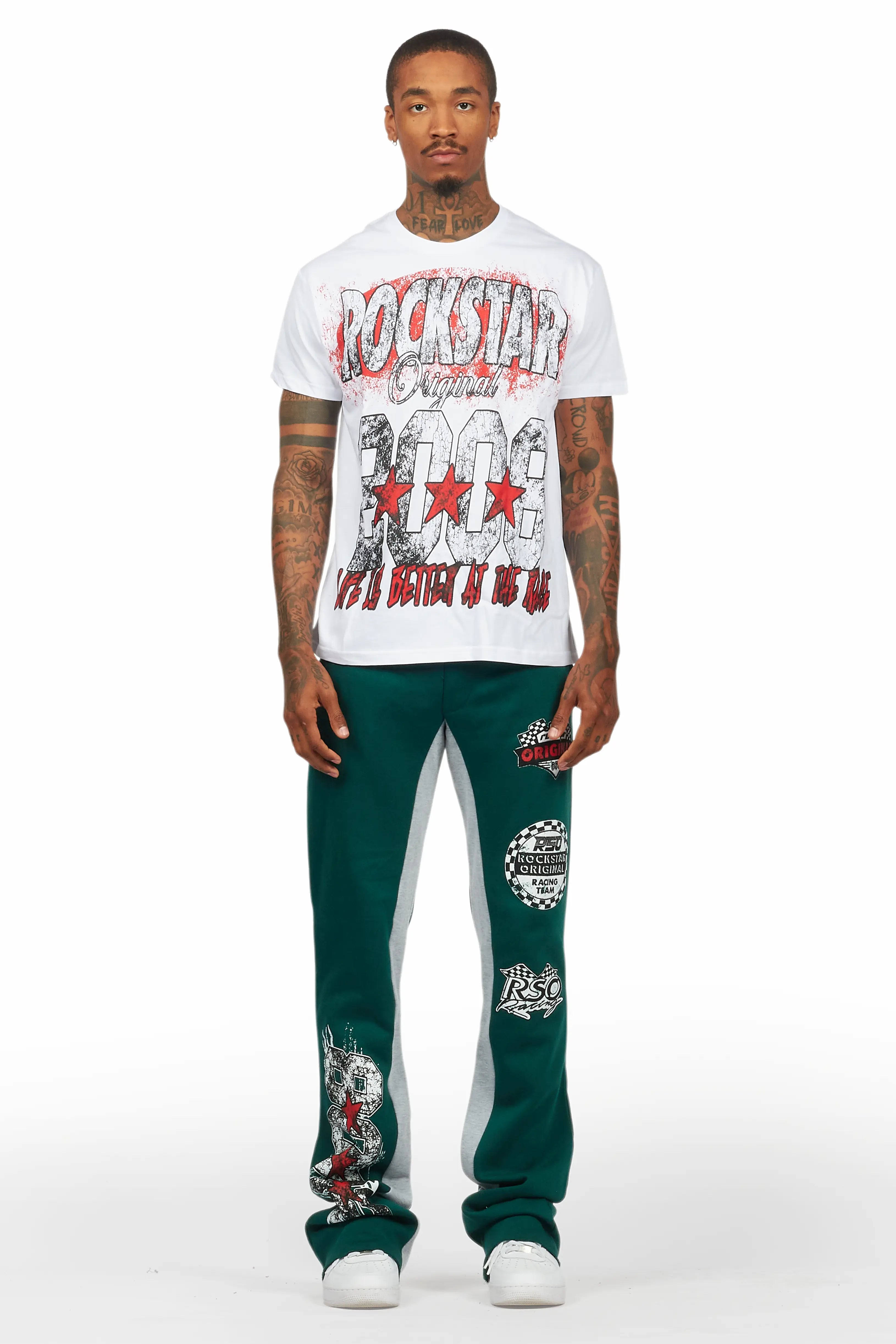Racing Grung White/Green T-Shirt/Stacked Baggy Track Pant Set