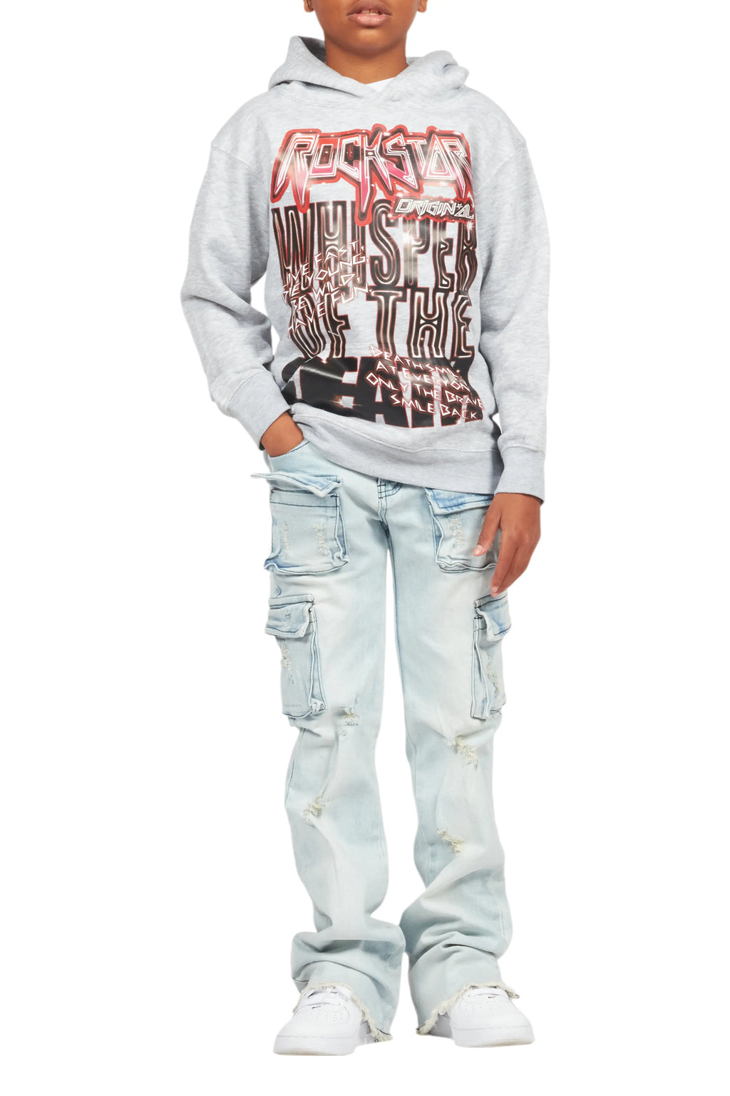 Boys Sterling Blue Fringe Stacked Flared Cargo Jean
