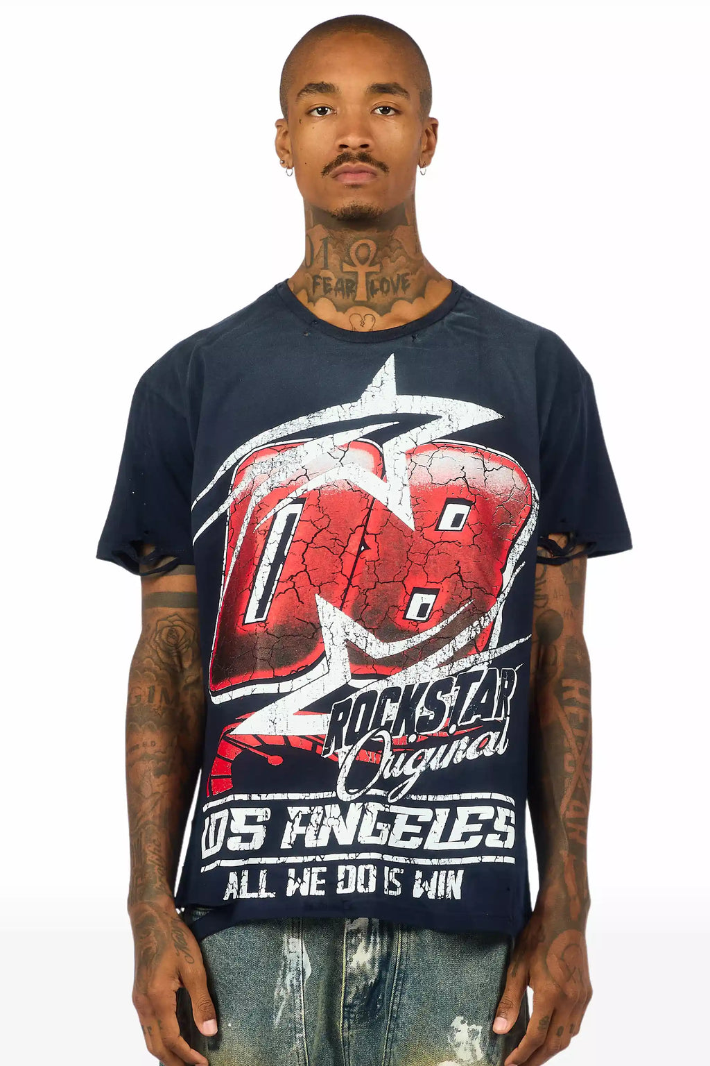 Kastell Navy/White Oversized Distressed Graphic T-Shirt