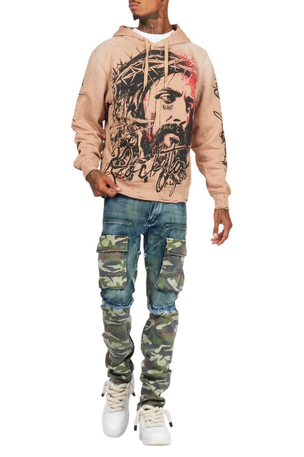 Bedros Khaki Graphic Distressed Hoodie