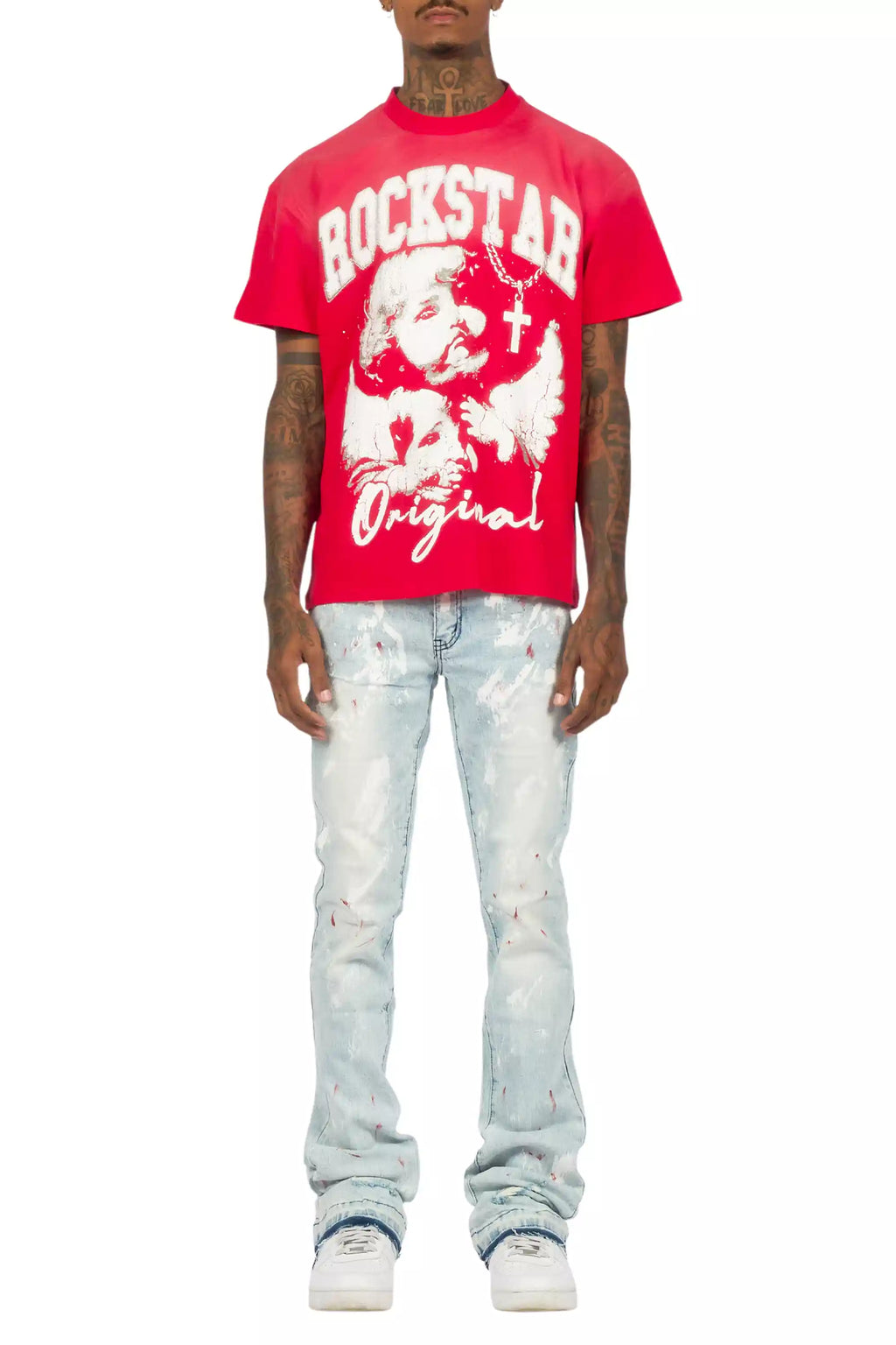 Deiter Red Oversized T-Shirt/Stacked Flare Jean Set