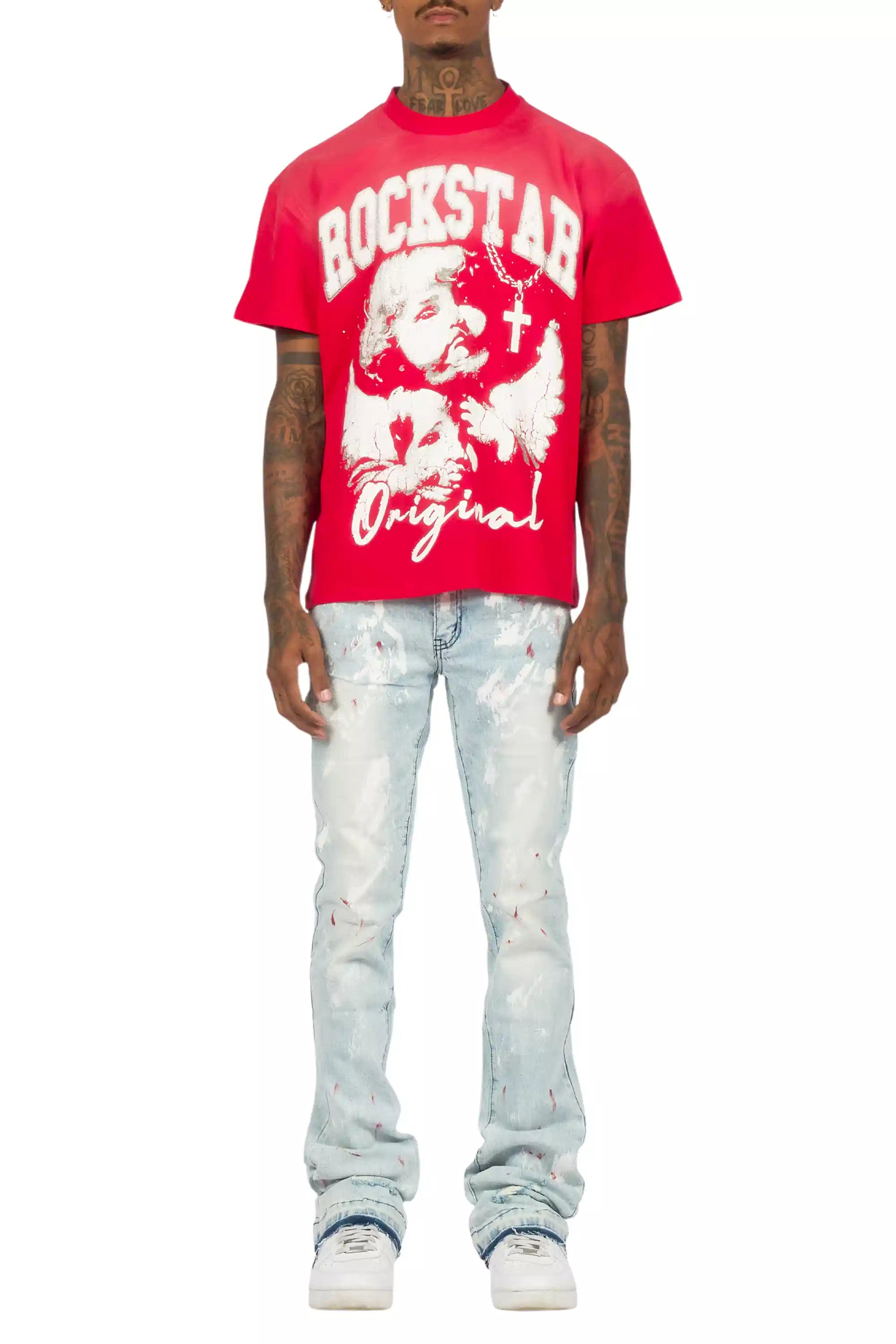 Deiter Red Oversized T-Shirt/Stacked Flare Jean Set