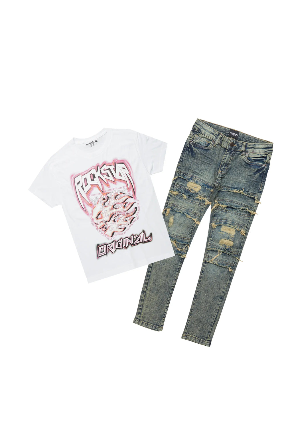 Boys Yates White/Light Blue T-ShirT/Frayed Jean Set