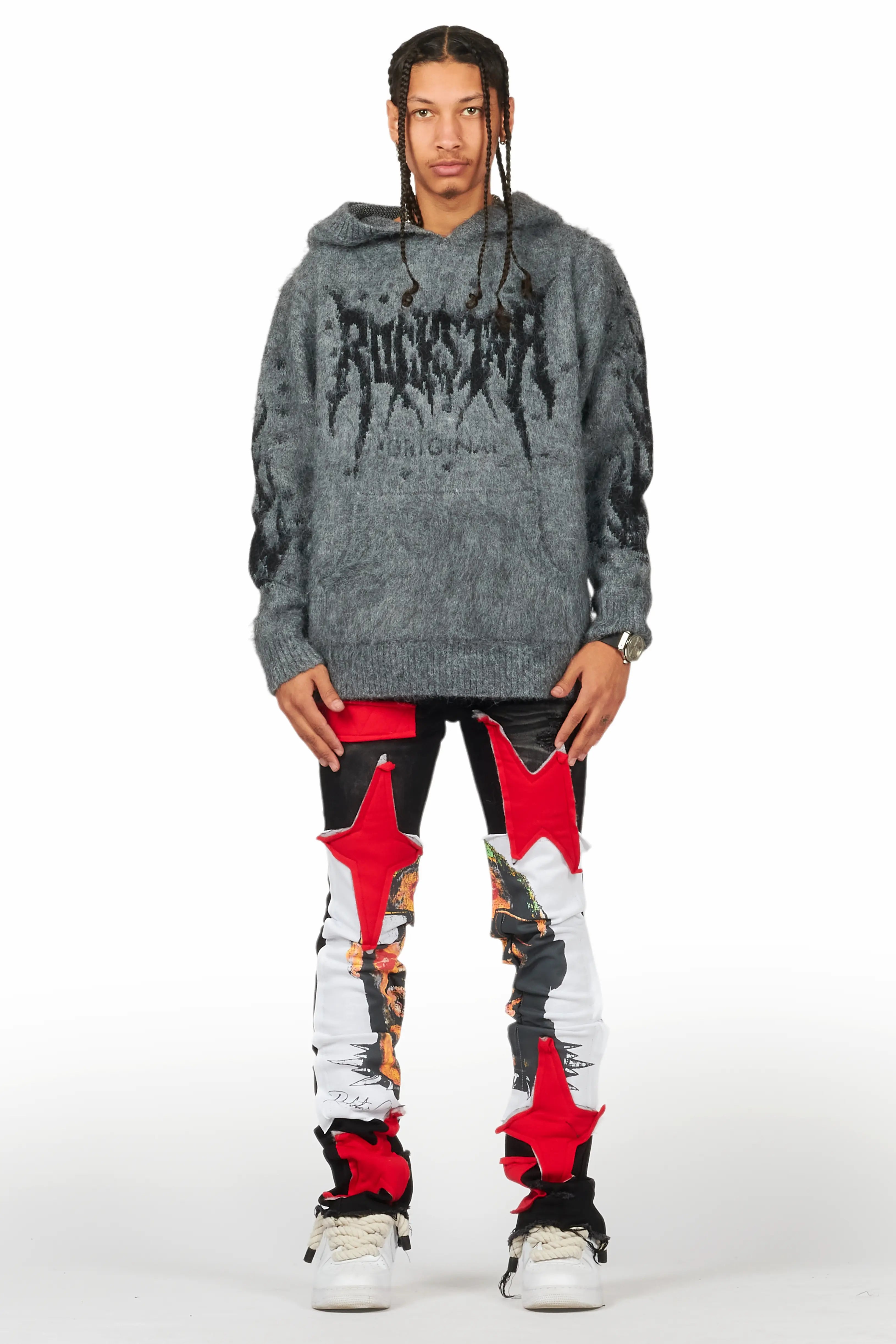 Savage Black/Red Patchwork Stacked Flare Jean