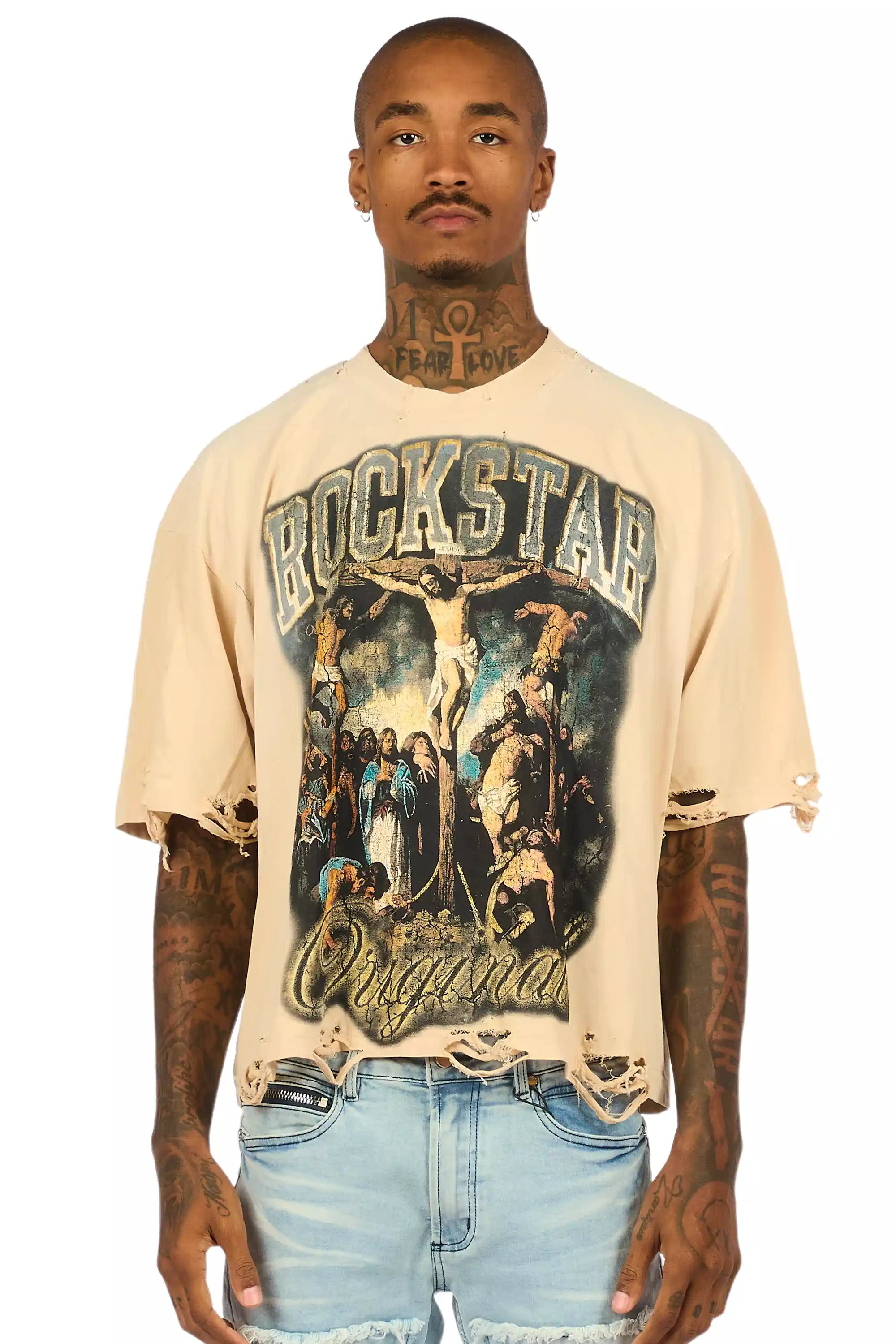 Waller Beige/Blue Boxy Crop T-Shirt