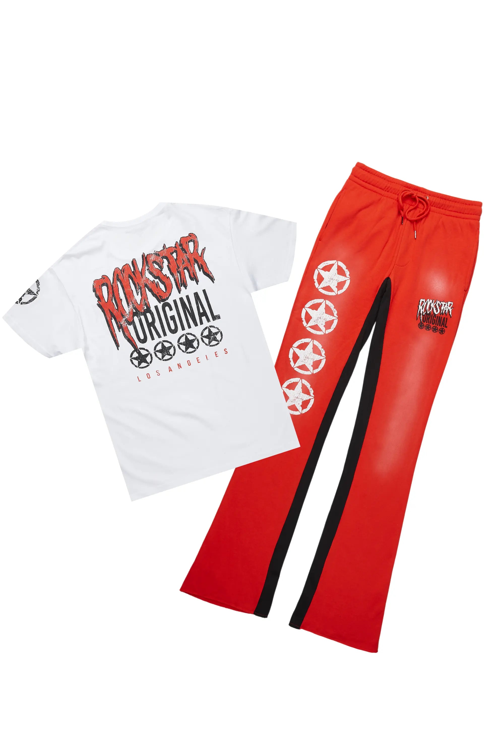 Wizzurd White/Red T-Shirt/Stacked Baggy Track Pant Set