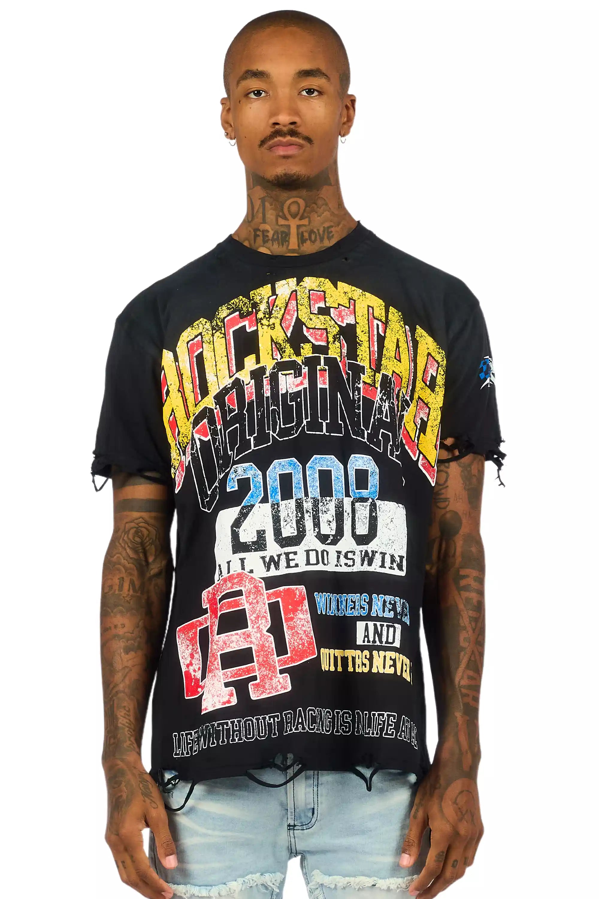 Colorful Race Black Oversized Distressed Graphic T-Shirt