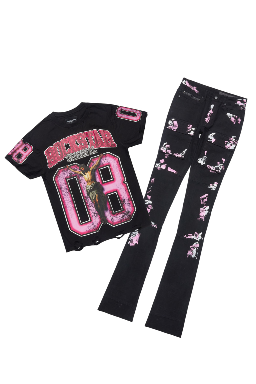 Fields Black T-Shirt/Nello Painted Super Stacked Flare Jean Set