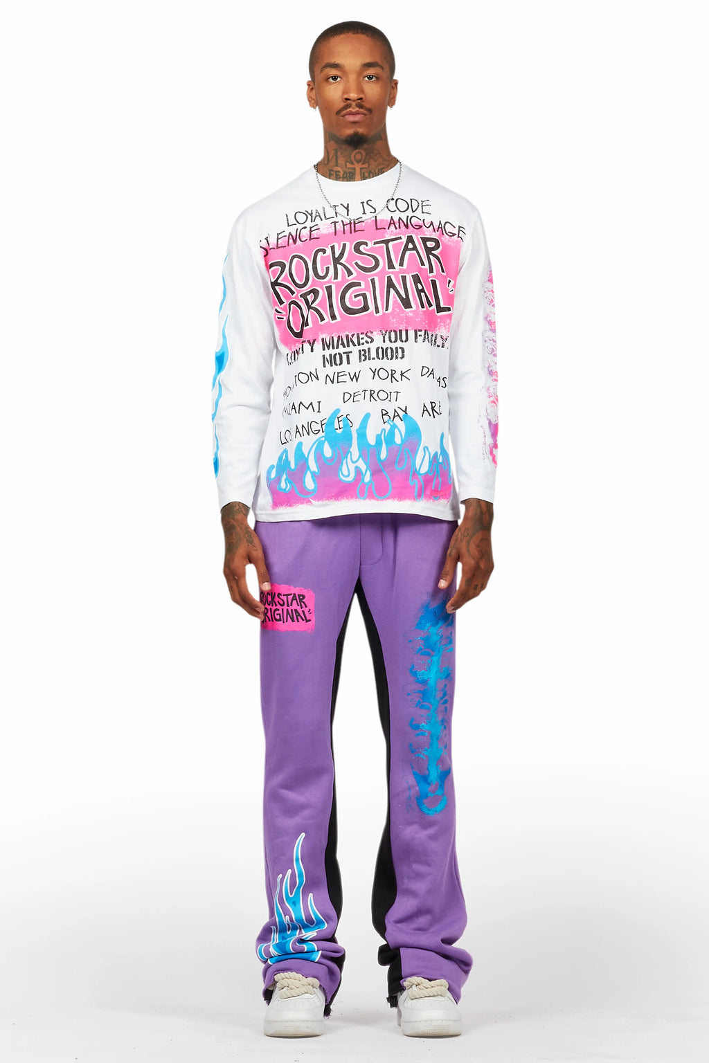 Beno Purple/White Long Sleeve T-Shirt/Baggy Pant Set