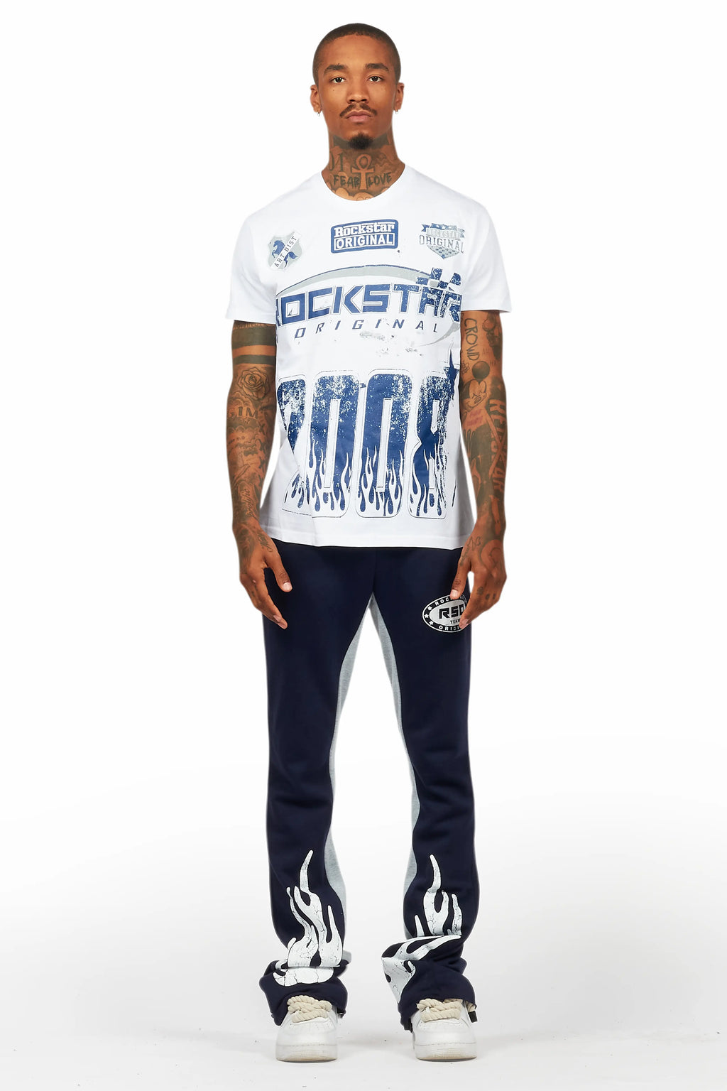 Amos White/Navy T-Shirt/Stacked Baggy Track Pant Set