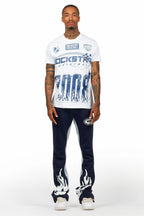 Amos White/Navy T-Shirt/Stacked Baggy Track Pant Set