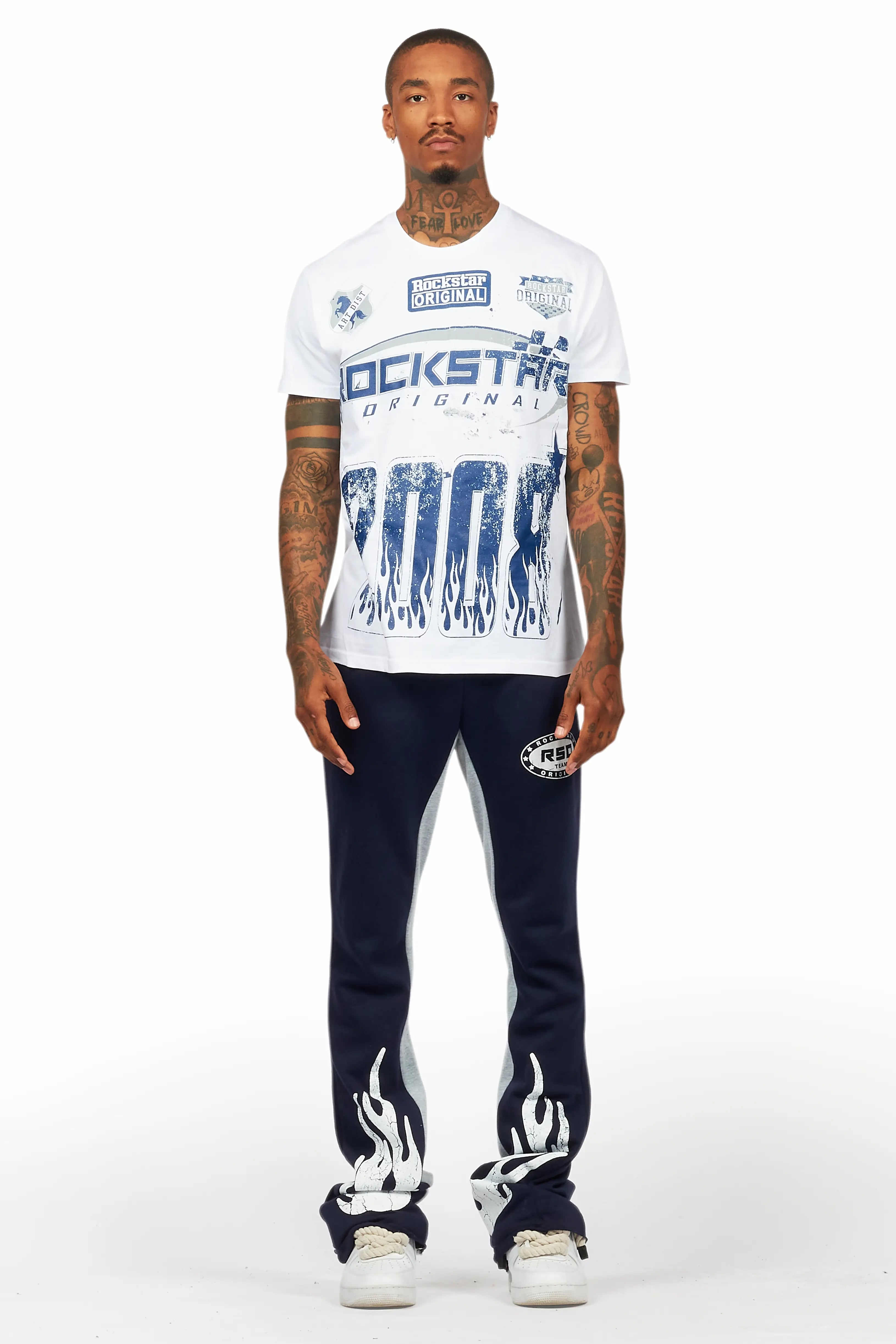 Amos White/Navy T-Shirt/Stacked Baggy Track Pant Set