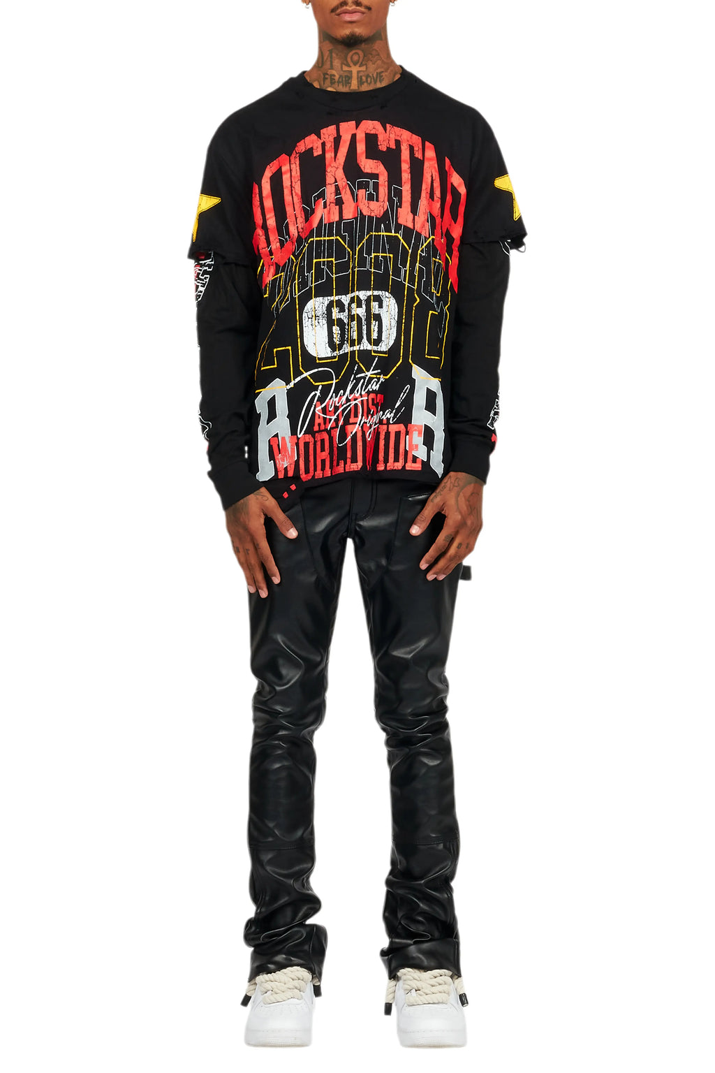 Santie Black Double Layer Long Sleeve Graphic T-Shirt