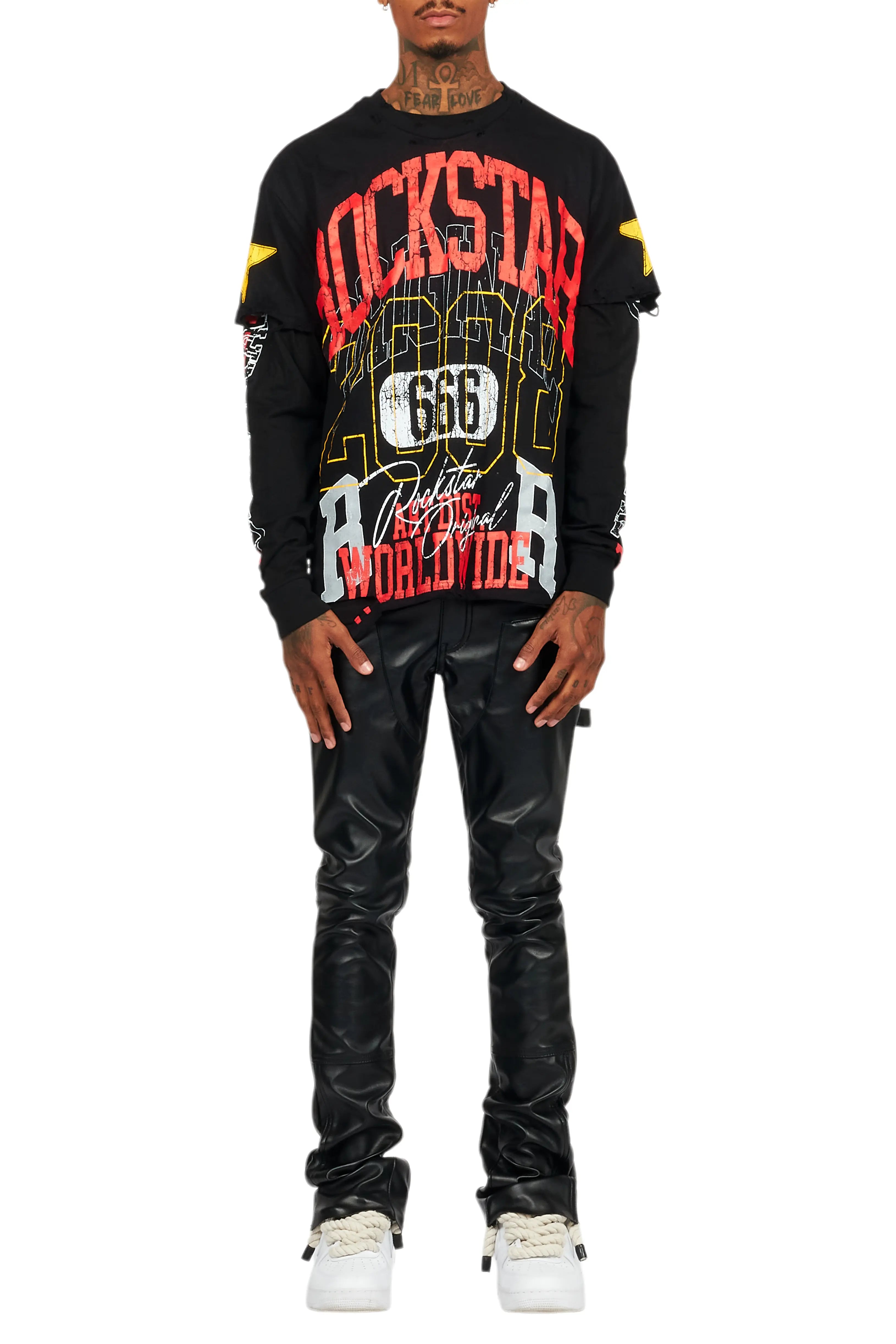 Santie Black Double Layer Long Sleeve Graphic T-Shirt