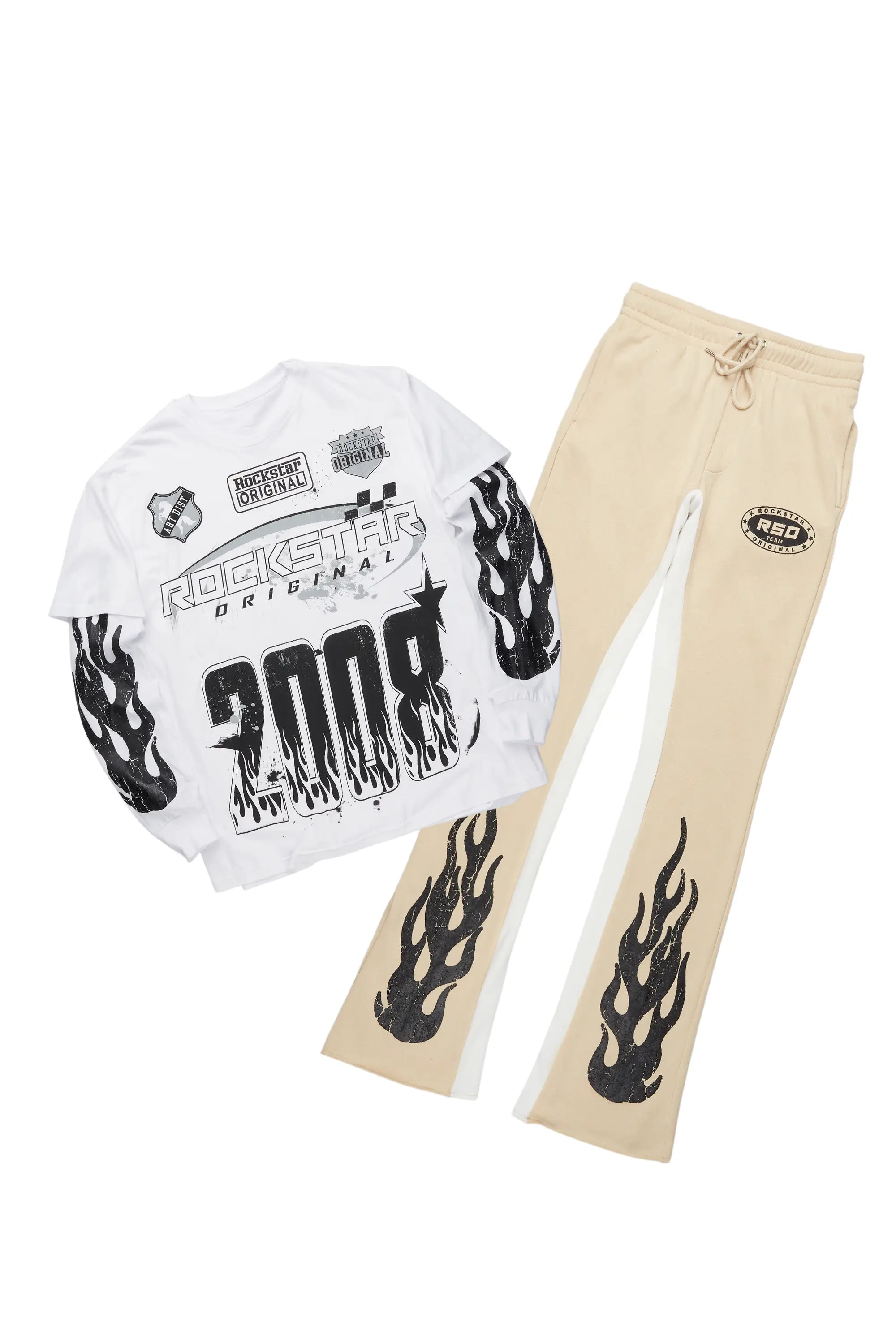 Amos White/Beige Double Layer T-Shirt/Stacked Baggy Pant Set